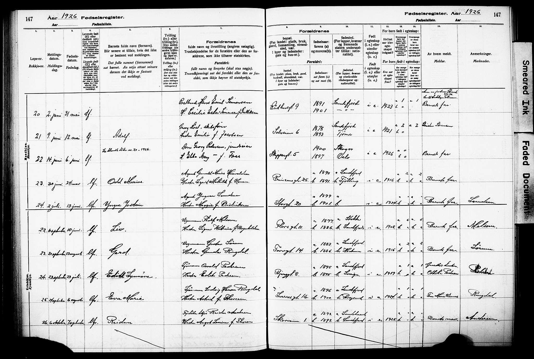 Sandefjord kirkebøker, AV/SAKO-A-315/J/Ja/L0001: Birth register no. 1, 1916-1932, p. 147