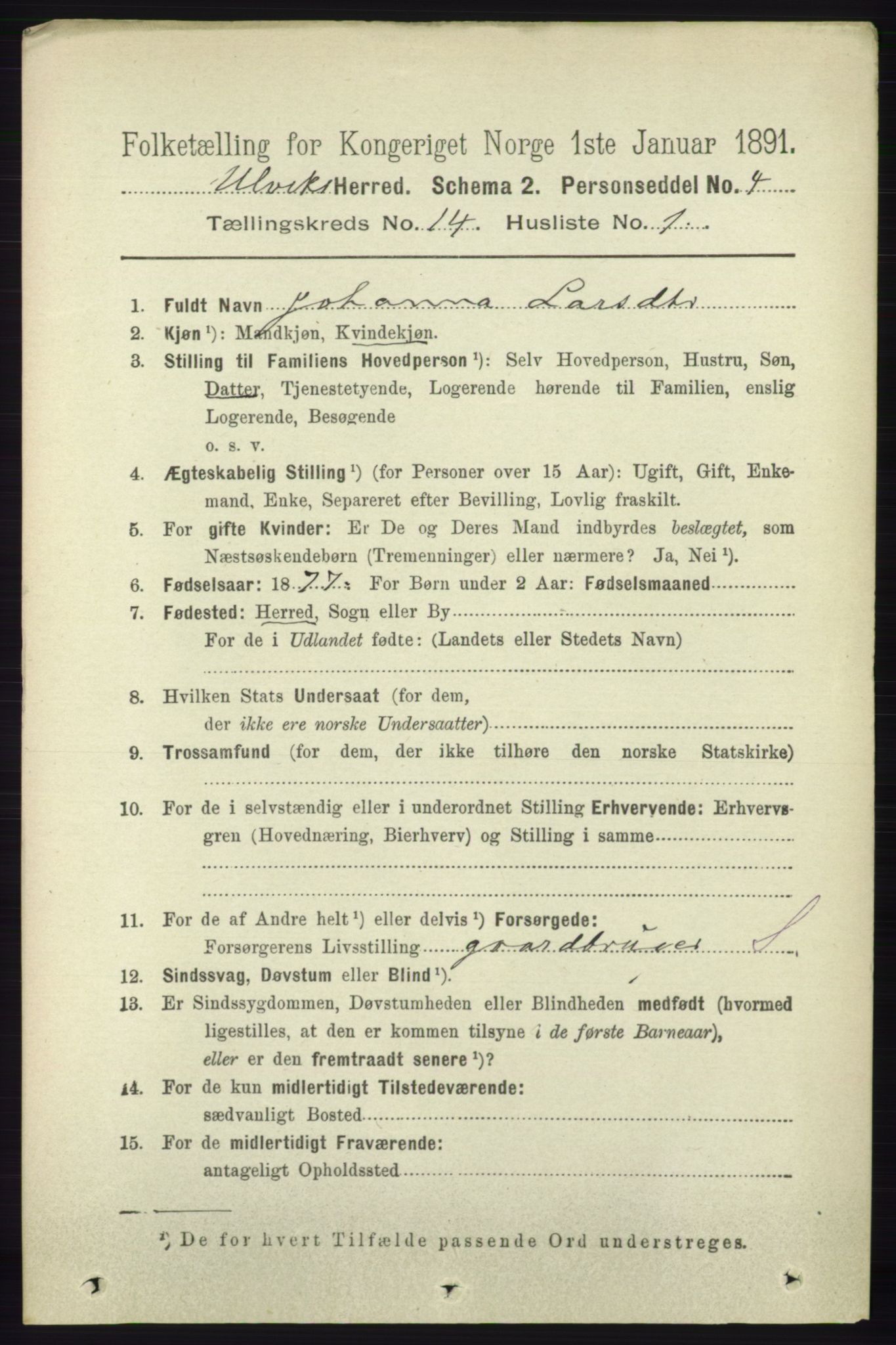 RA, 1891 census for 1233 Ulvik, 1891, p. 4278