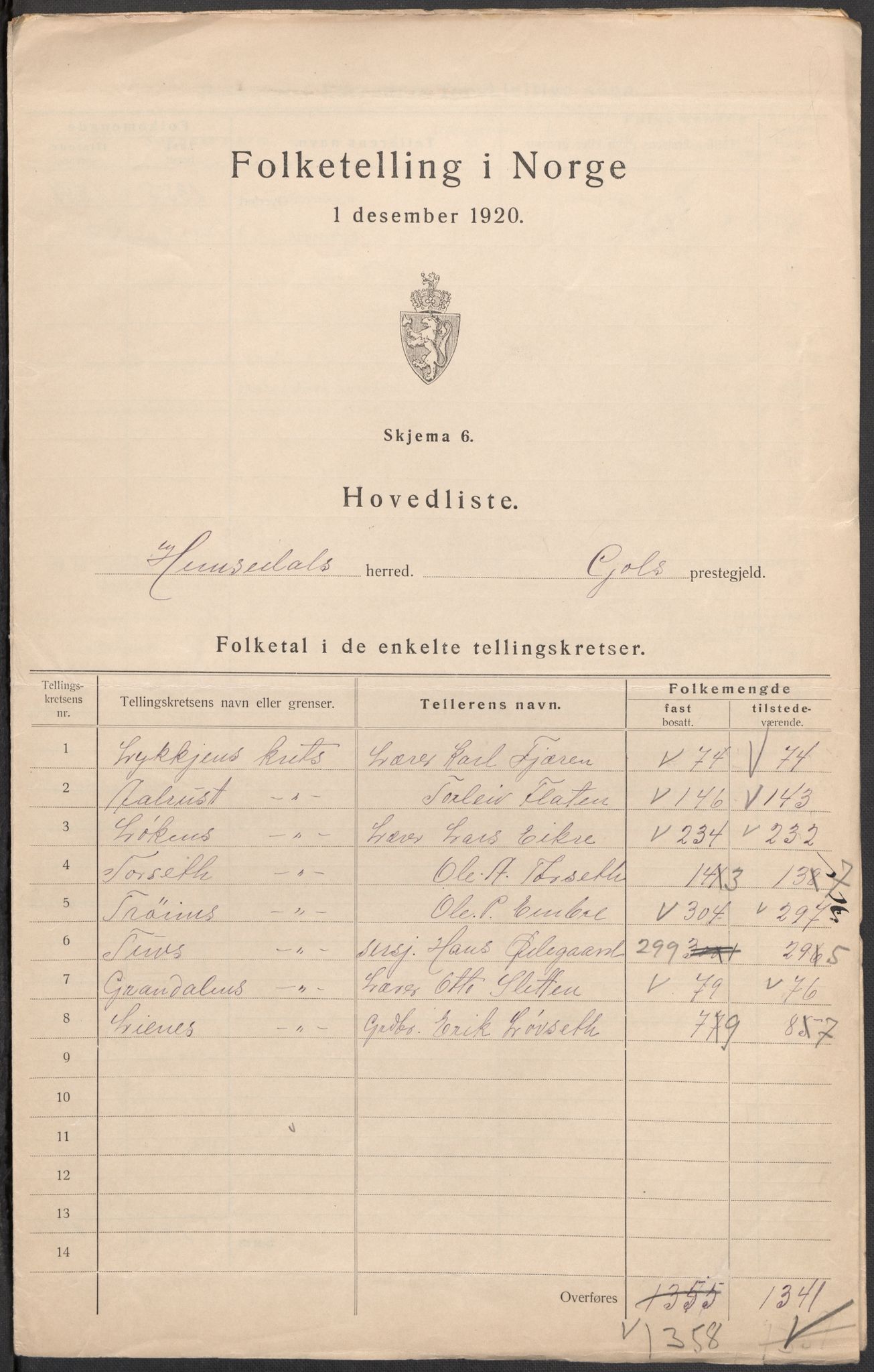 SAKO, 1920 census for Hemsedal, 1920, p. 2