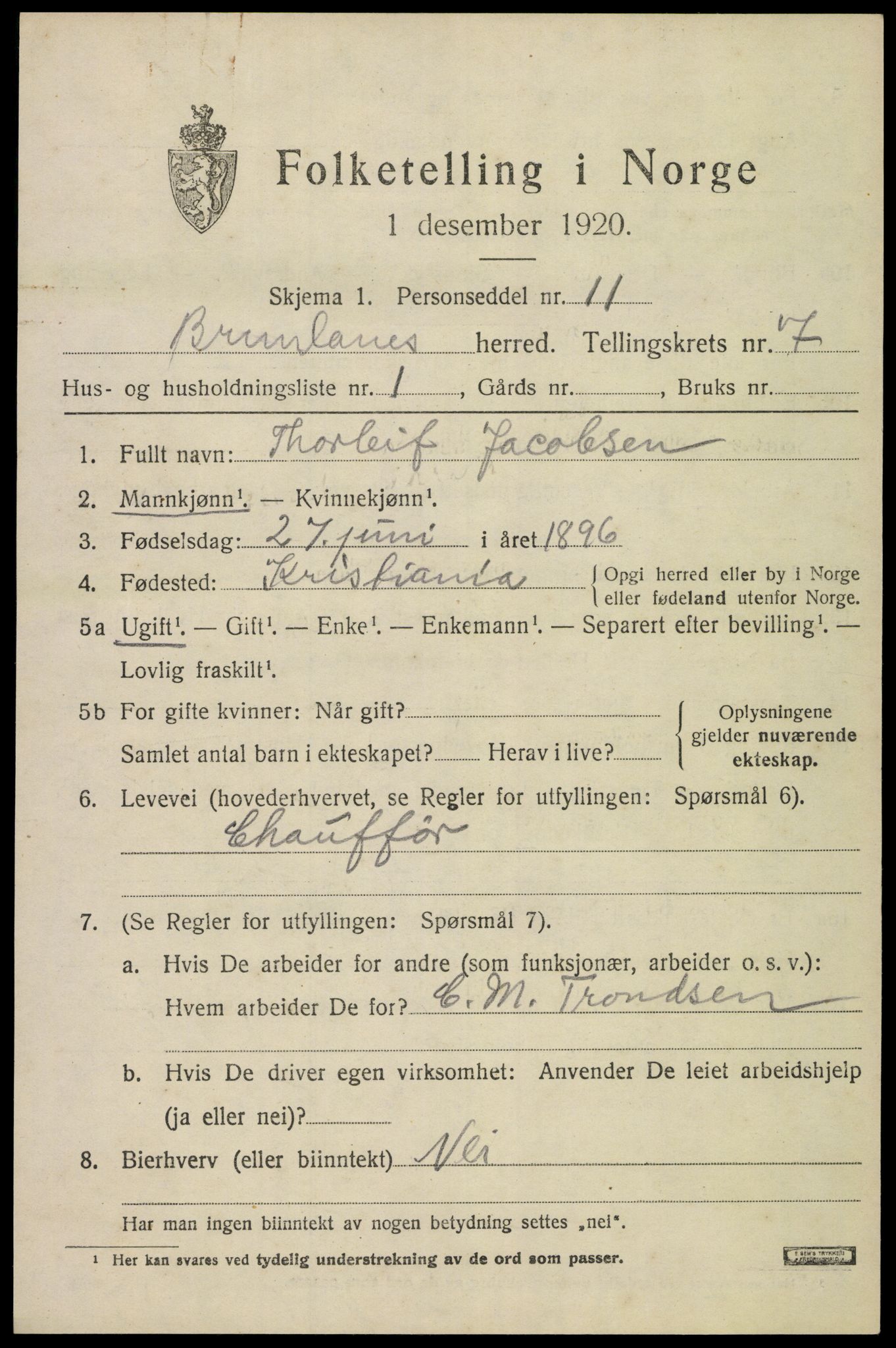 SAKO, 1920 census for Brunlanes, 1920, p. 7075