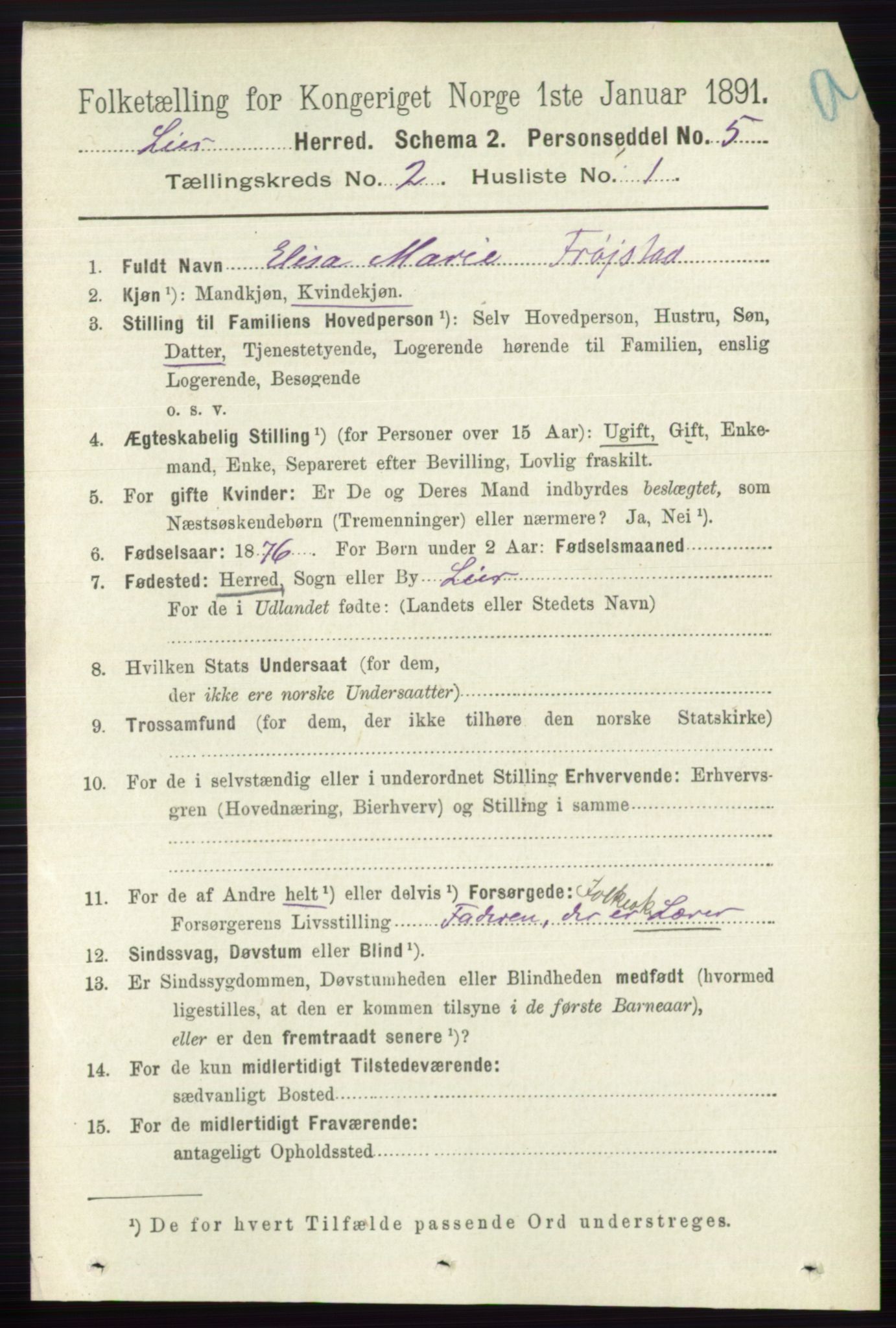 RA, 1891 census for 0626 Lier, 1891, p. 1580