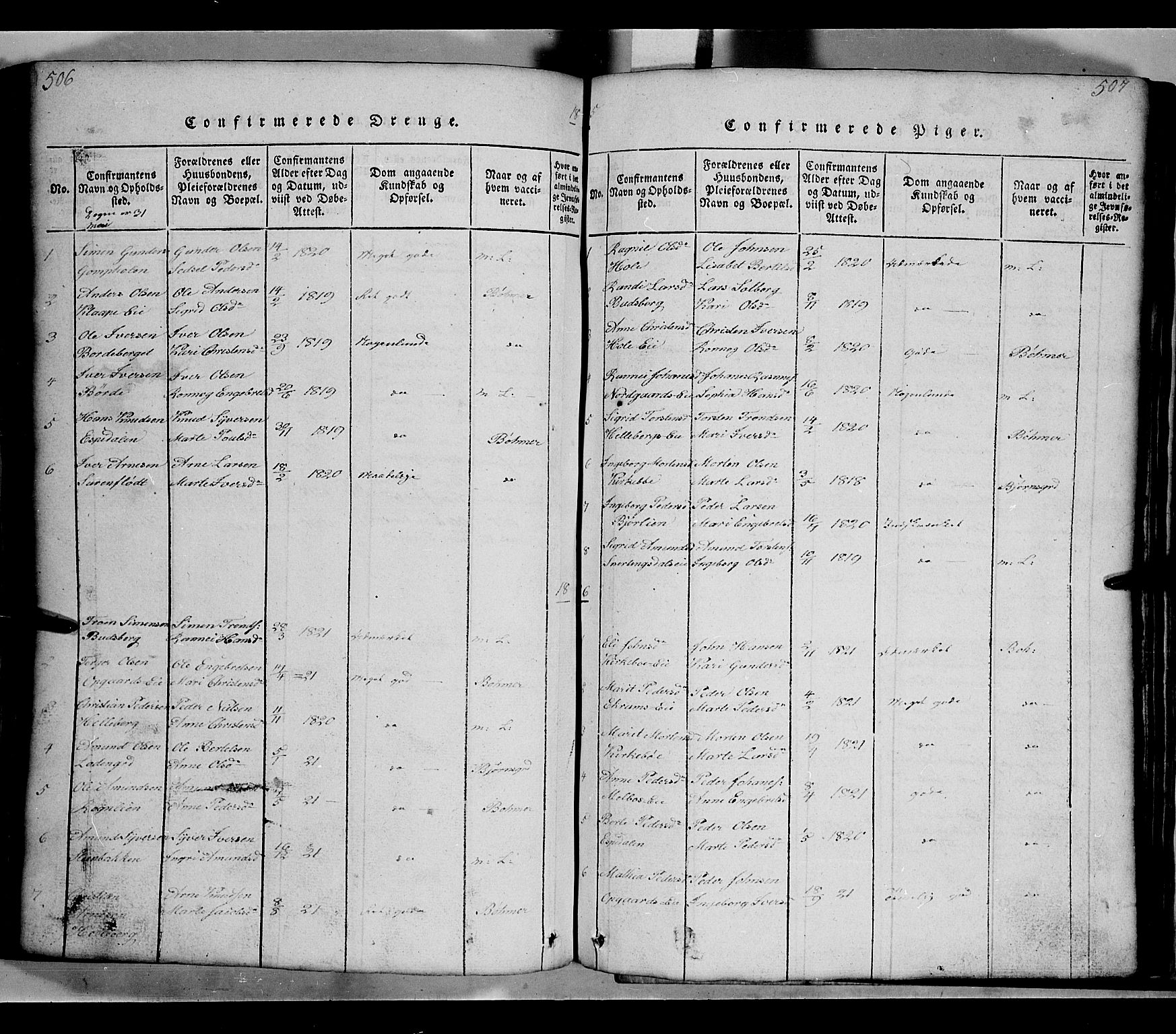 Gausdal prestekontor, SAH/PREST-090/H/Ha/Hab/L0002: Parish register (copy) no. 2, 1818-1874, p. 506-507