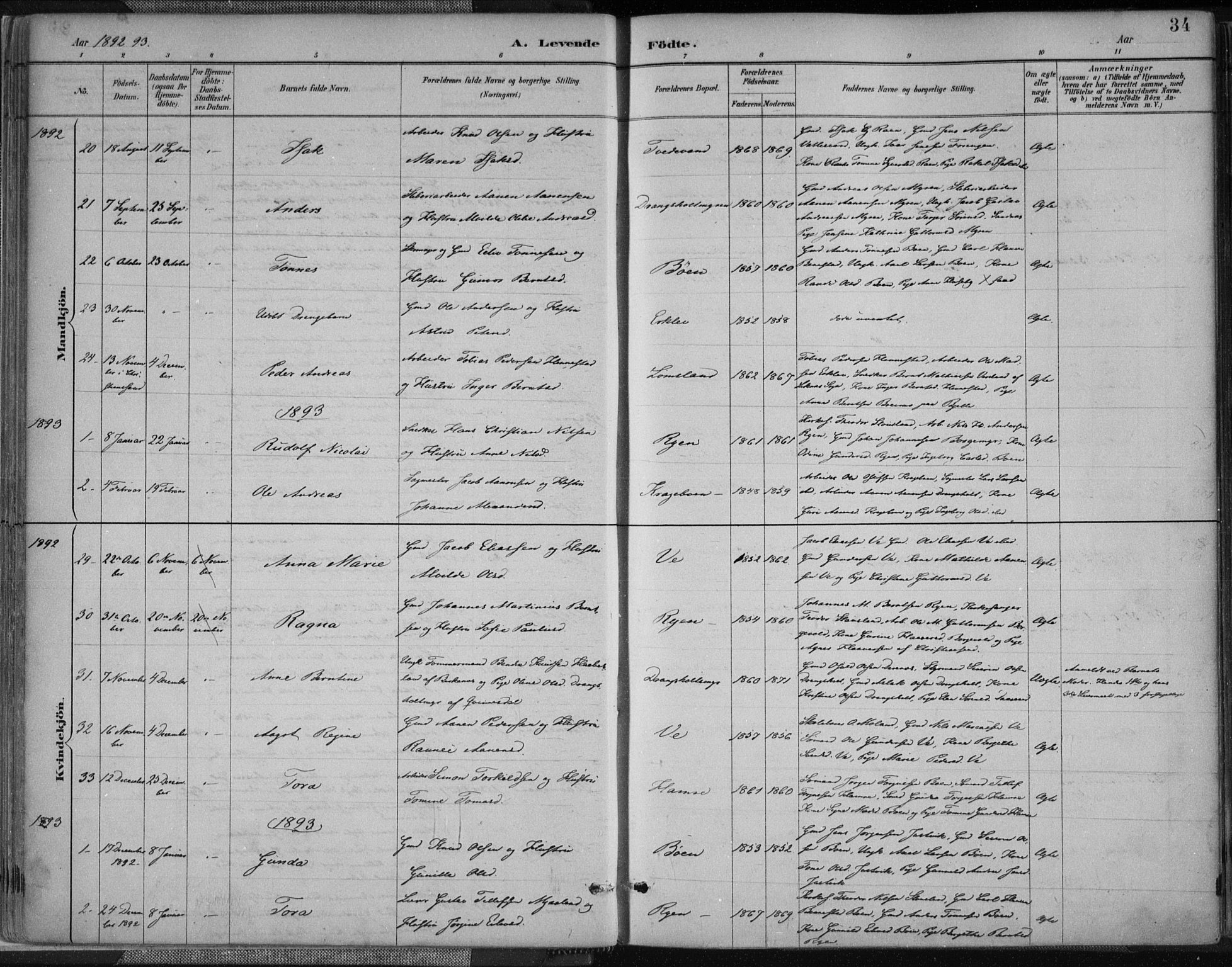 Tveit sokneprestkontor, SAK/1111-0043/F/Fa/L0007: Parish register (official) no. A 7, 1887-1908, p. 34
