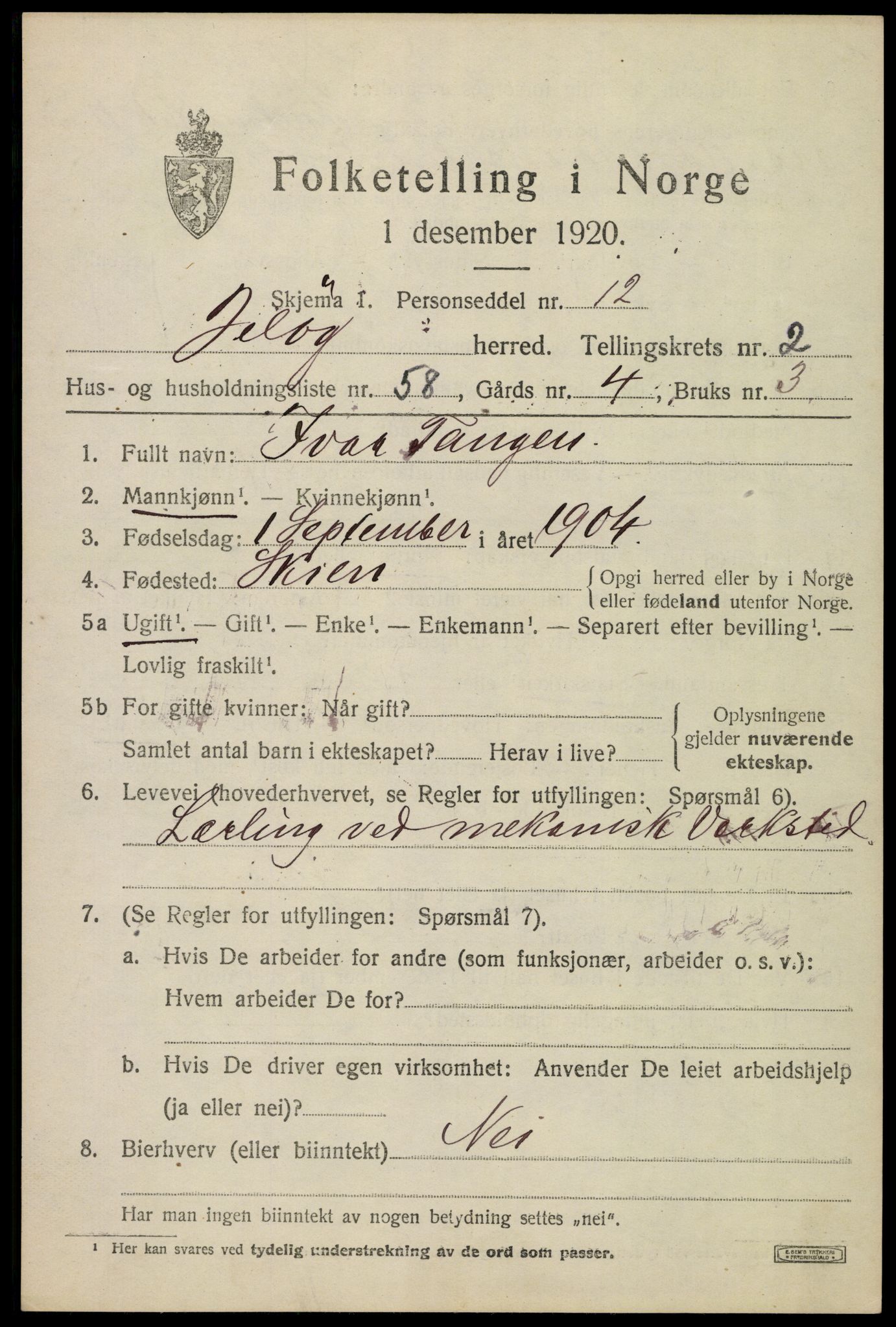 SAO, 1920 census for Moss land district, 1920, p. 2895