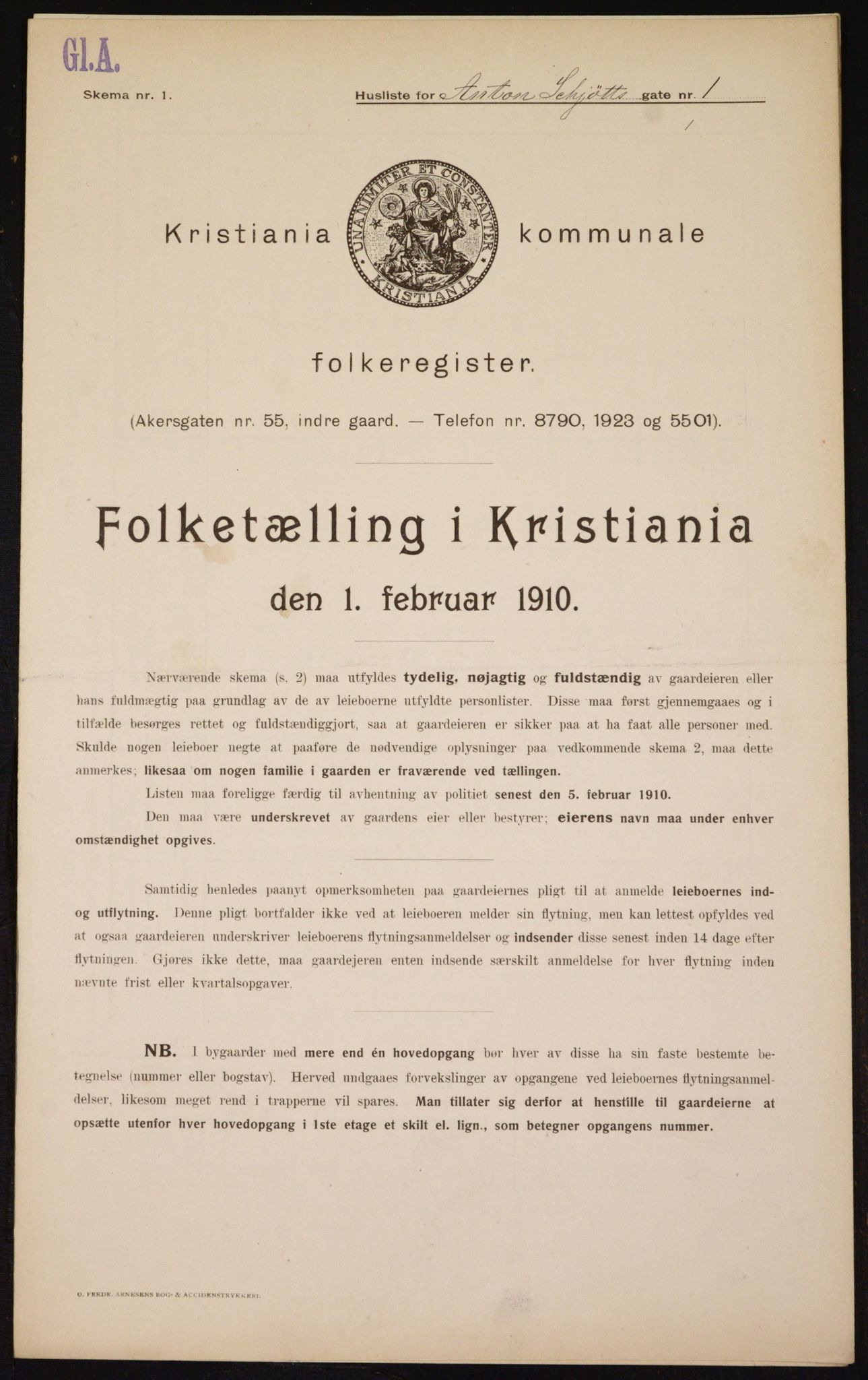 OBA, Municipal Census 1910 for Kristiania, 1910, p. 1187