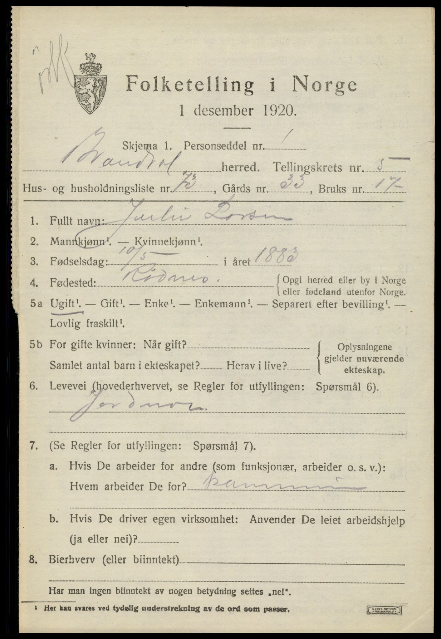 SAH, 1920 census for Brandval, 1920, p. 5250