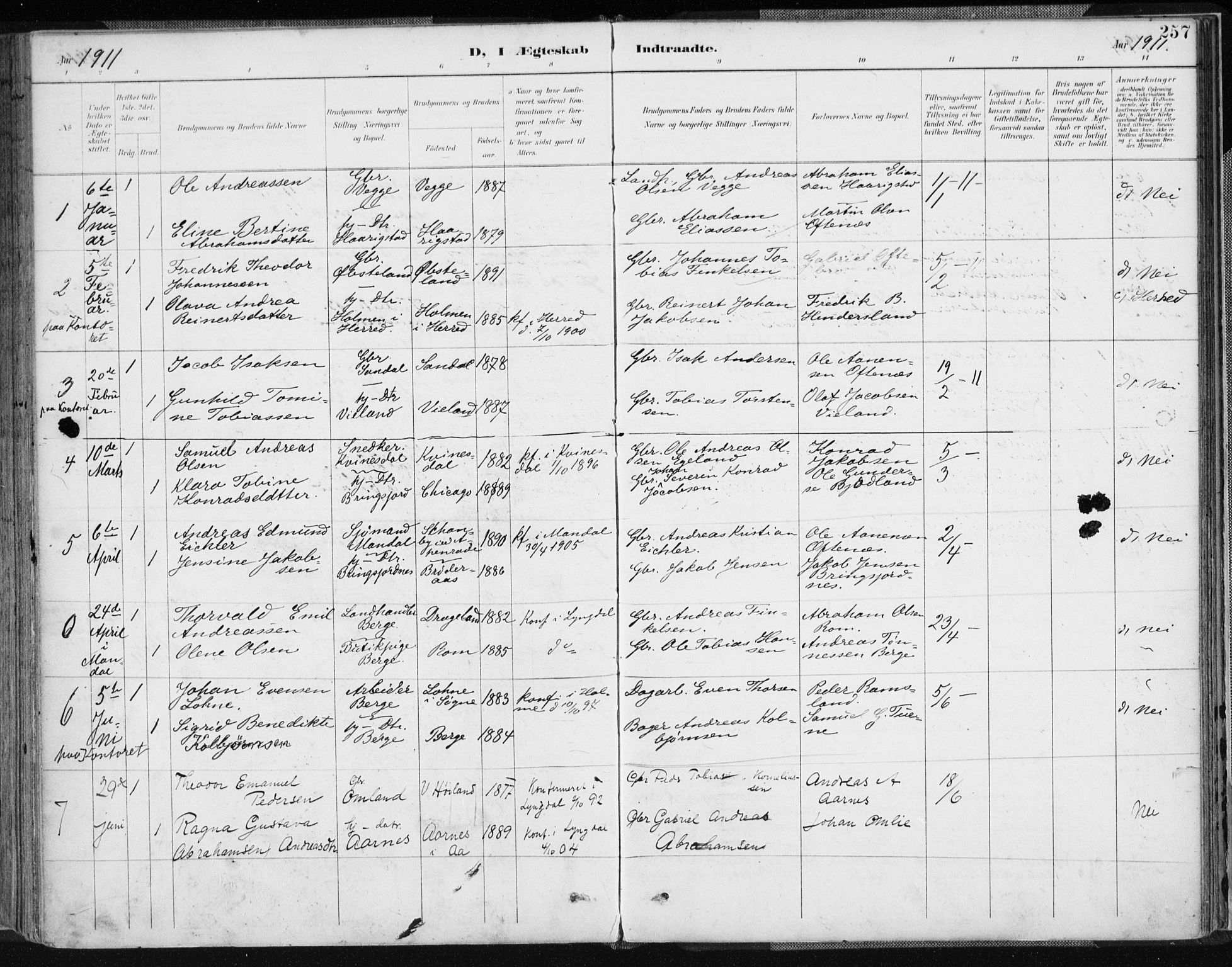 Lyngdal sokneprestkontor, AV/SAK-1111-0029/F/Fa/Fac/L0012: Parish register (official) no. A 12, 1894-1918, p. 257