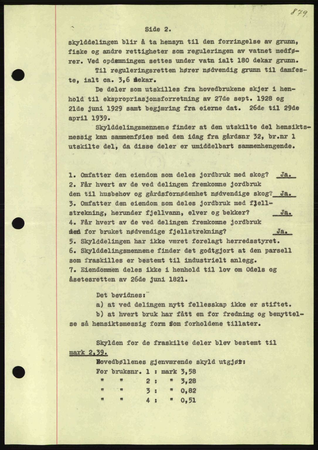 Nordmøre sorenskriveri, AV/SAT-A-4132/1/2/2Ca: Mortgage book no. A86, 1939-1939, Diary no: : 2124/1939