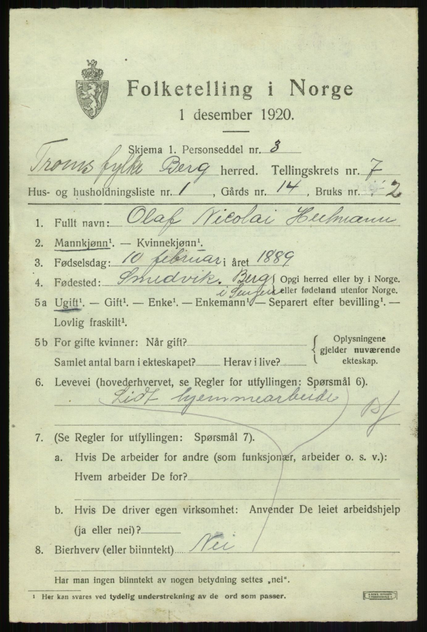 SATØ, 1920 census for Berg, 1920, p. 2436