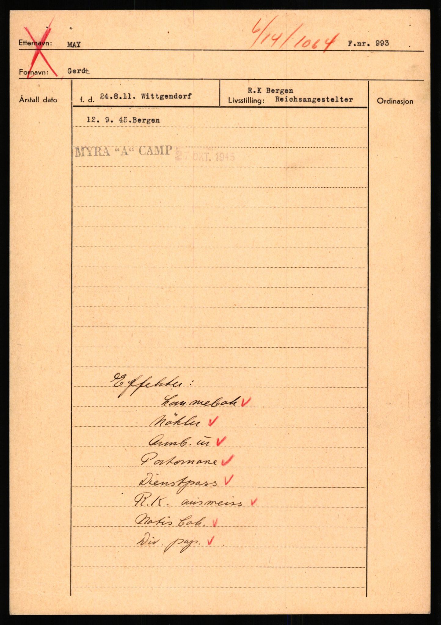 Forsvaret, Forsvarets overkommando II, AV/RA-RAFA-3915/D/Db/L0021: CI Questionaires. Tyske okkupasjonsstyrker i Norge. Tyskere., 1945-1946, p. 273