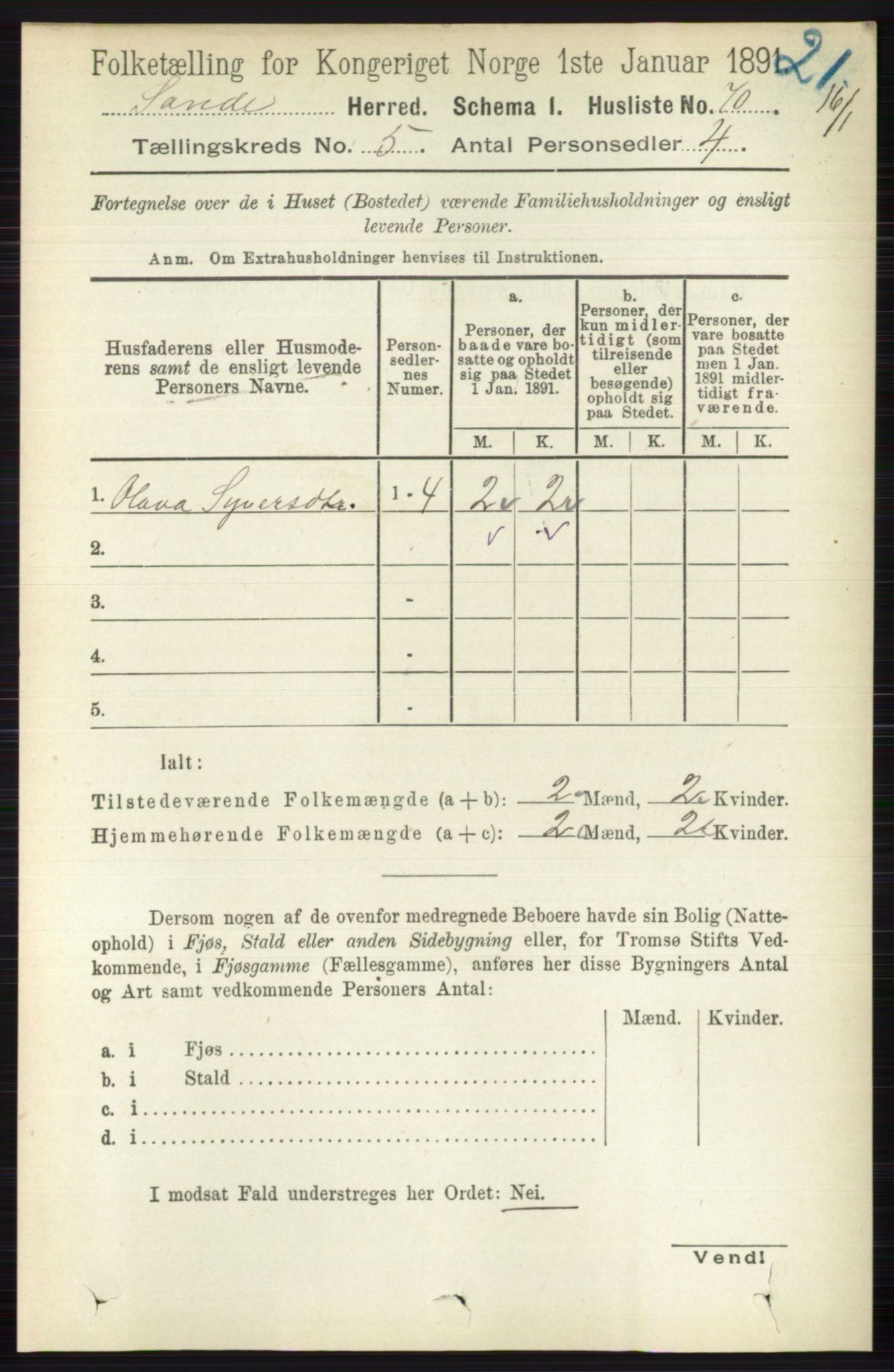 RA, 1891 census for 0713 Sande, 1891, p. 2129