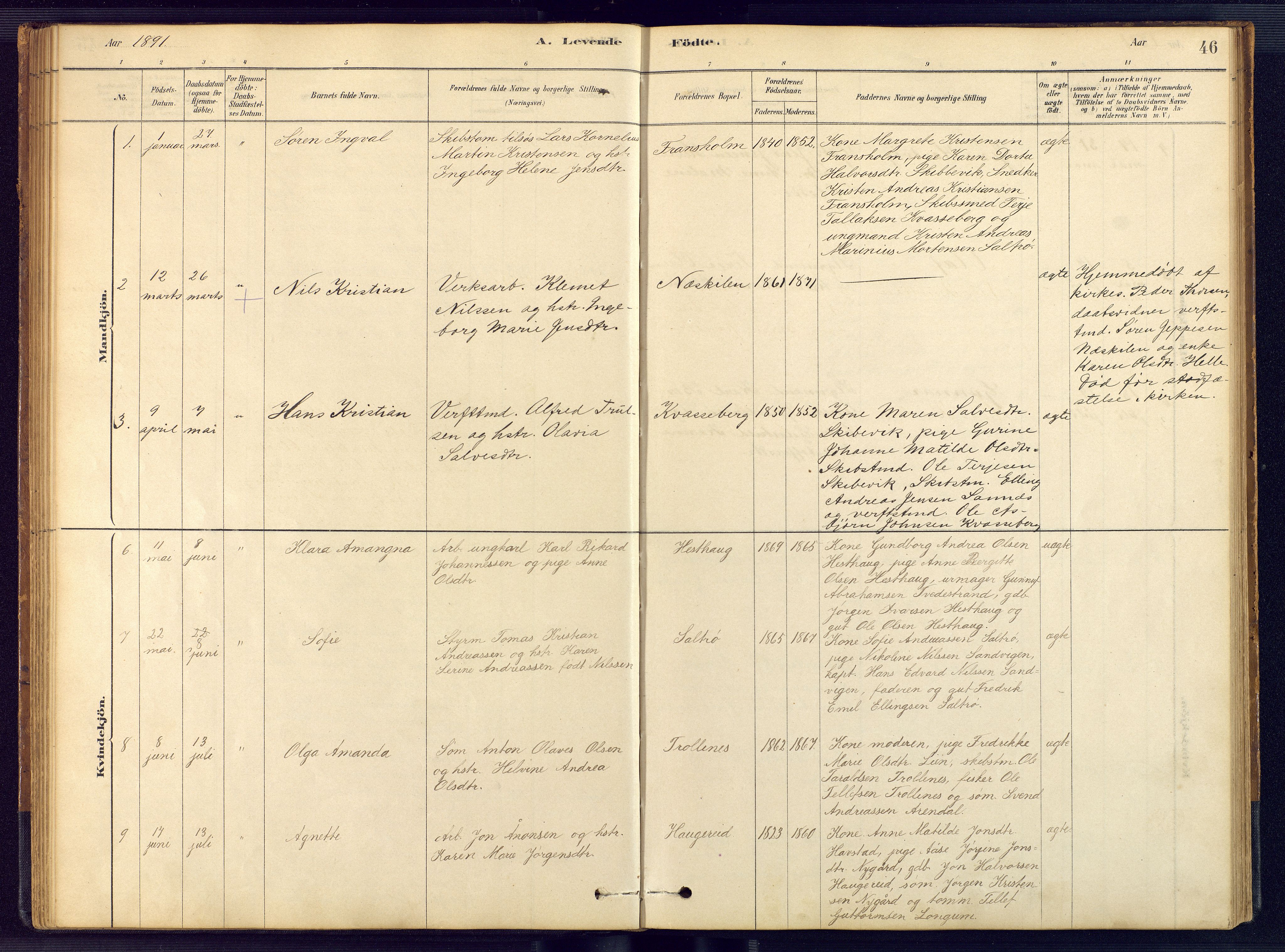 Austre Moland sokneprestkontor, AV/SAK-1111-0001/F/Fb/Fbb/L0001: Parish register (copy) no. B 1, 1878-1904, p. 46