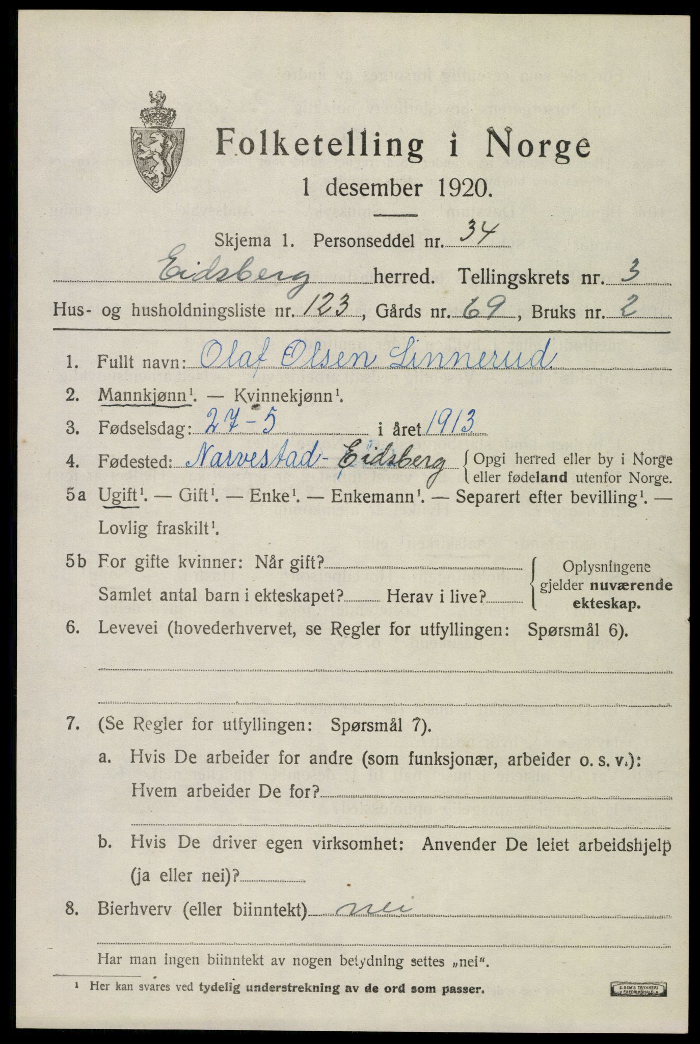 SAO, 1920 census for Eidsberg, 1920, p. 5719