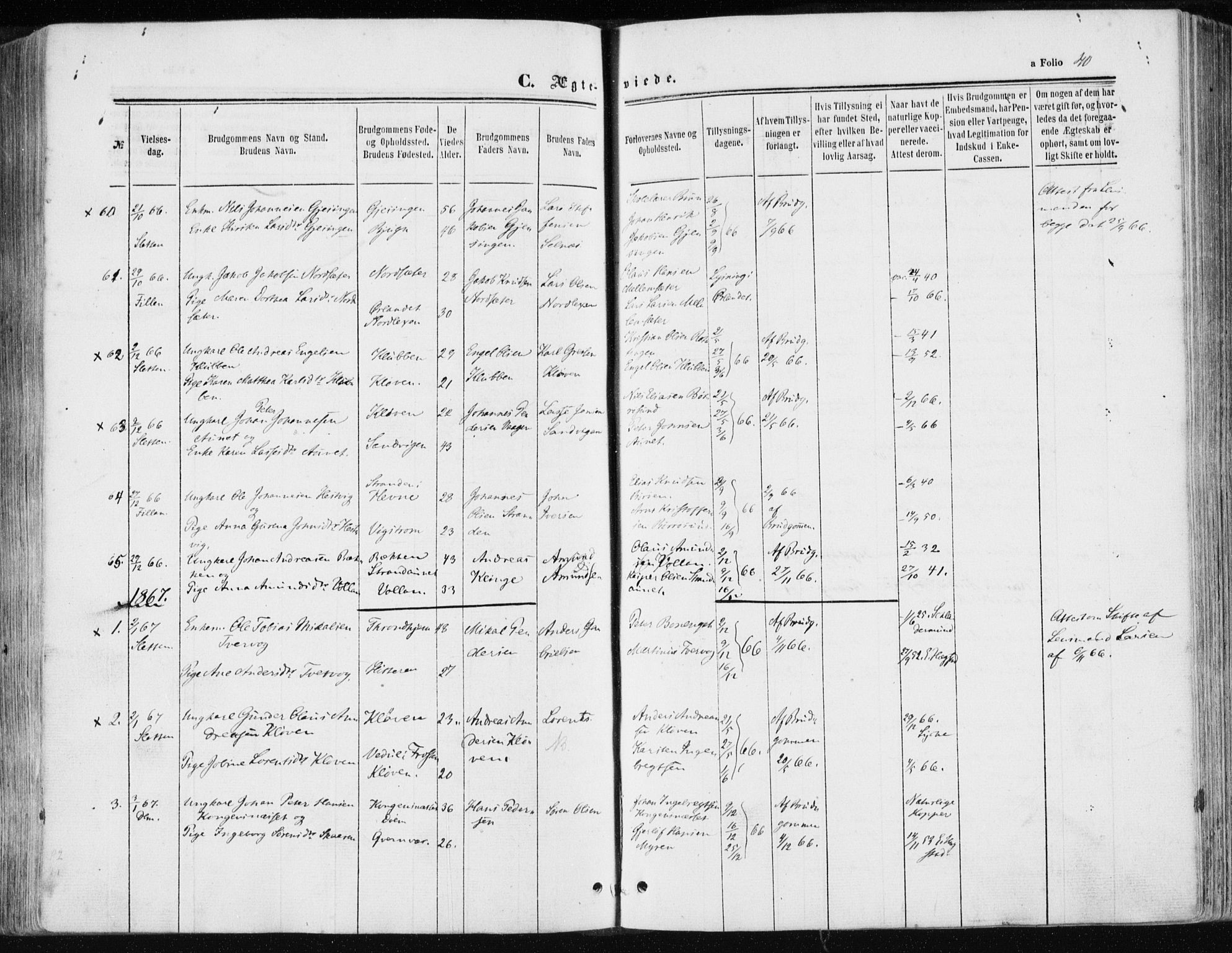 Ministerialprotokoller, klokkerbøker og fødselsregistre - Sør-Trøndelag, SAT/A-1456/634/L0531: Parish register (official) no. 634A07, 1861-1870, p. 40