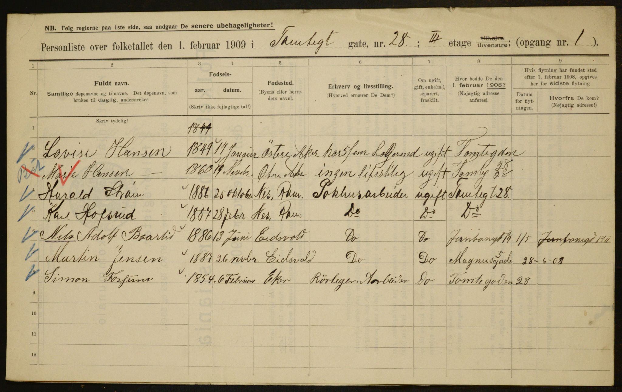 OBA, Municipal Census 1909 for Kristiania, 1909, p. 103104