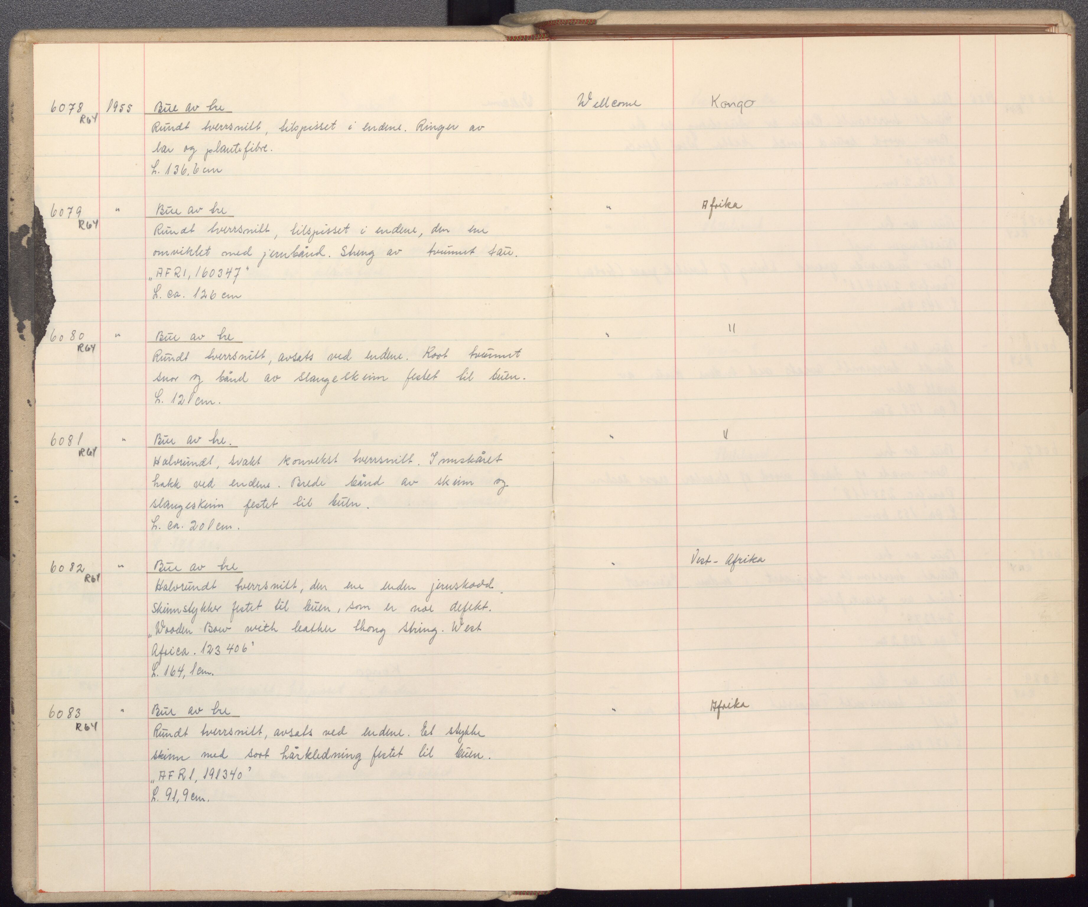 Etnografiske samlinger, UMB/A004/F/Fa/L0004: Katalog over den etnografiske samling 6065 - 8168, 1934-1963