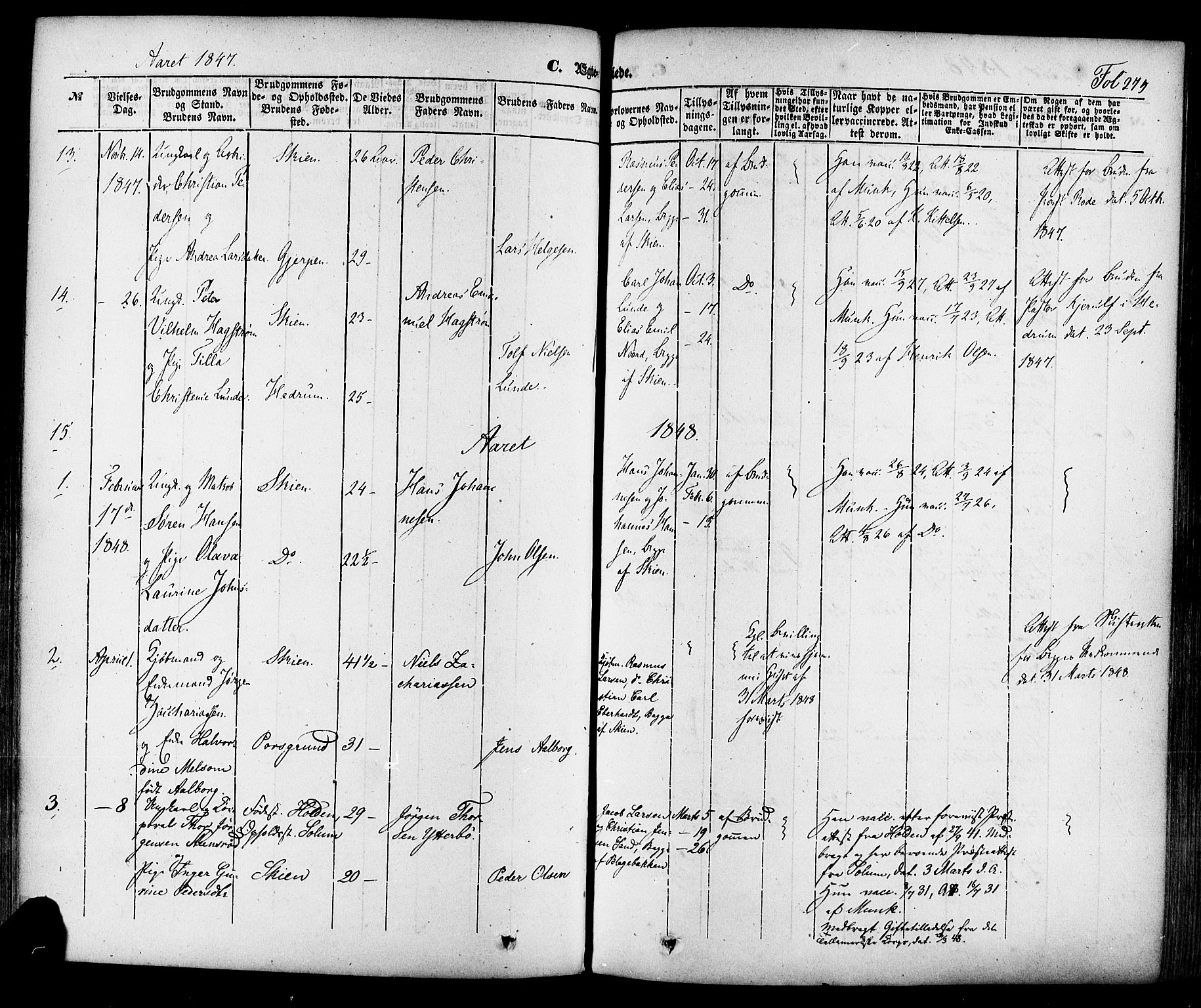 Skien kirkebøker, SAKO/A-302/F/Fa/L0006a: Parish register (official) no. 6A, 1843-1856, p. 275