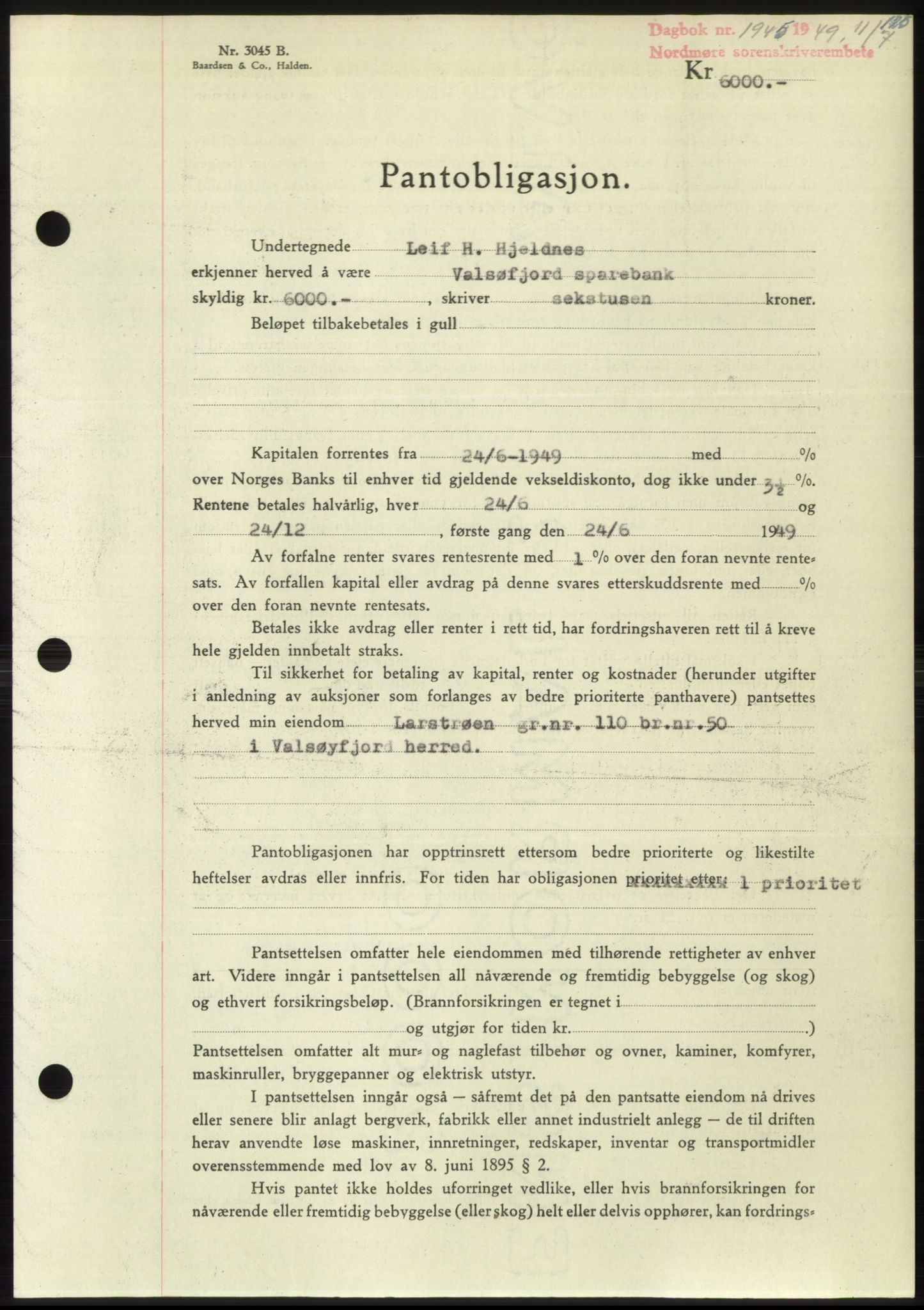 Nordmøre sorenskriveri, AV/SAT-A-4132/1/2/2Ca: Mortgage book no. B102, 1949-1949, Diary no: : 1945/1949