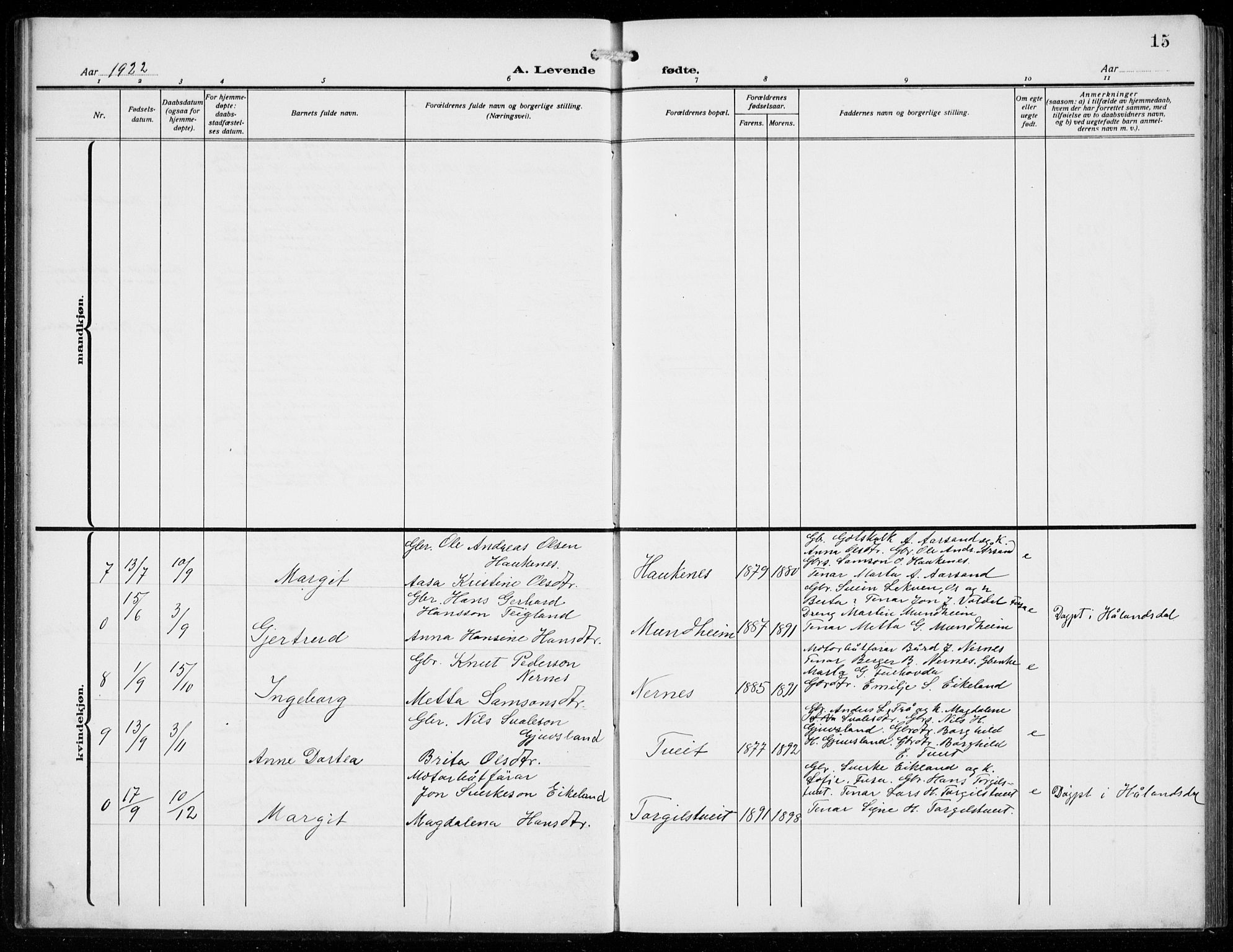 Strandebarm sokneprestembete, AV/SAB-A-78401/H/Hab: Parish register (copy) no. C  2, 1914-1935, p. 15