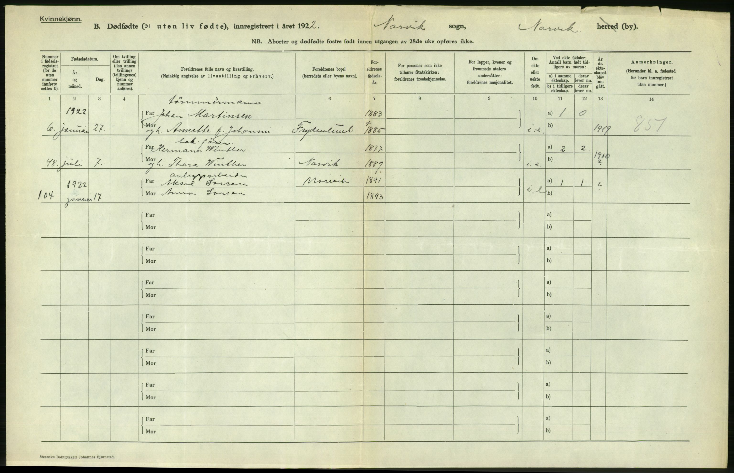 Statistisk sentralbyrå, Sosiodemografiske emner, Befolkning, AV/RA-S-2228/D/Df/Dfc/Dfcb/L0045: Nordland fylke: Gifte, dødfødte. Bygder og byer., 1922, p. 302