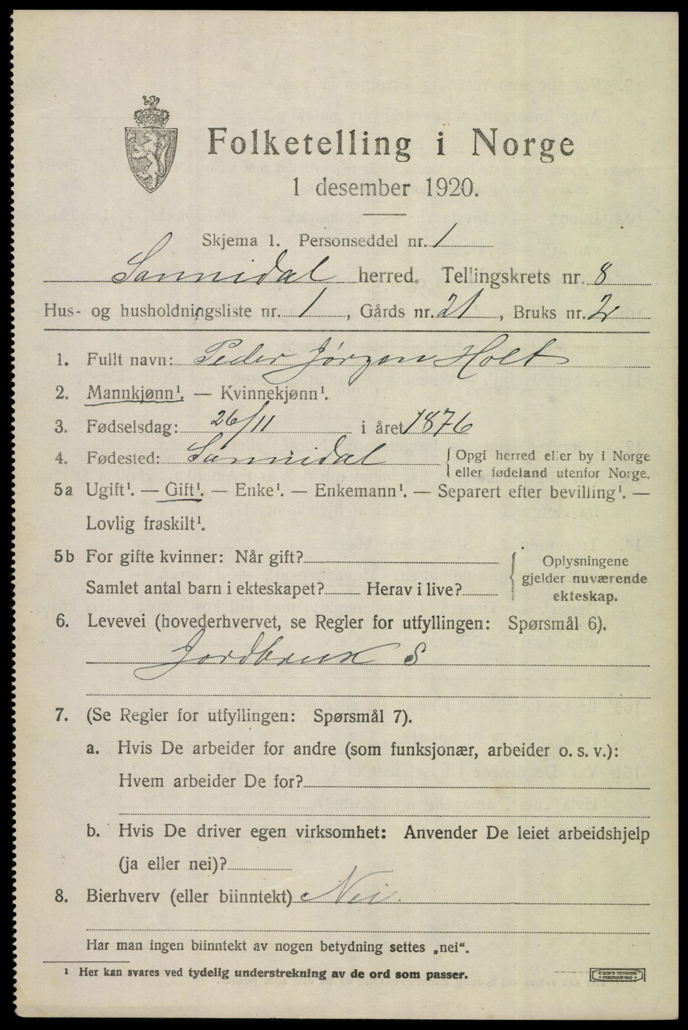 SAKO, 1920 census for Sannidal, 1920, p. 5385