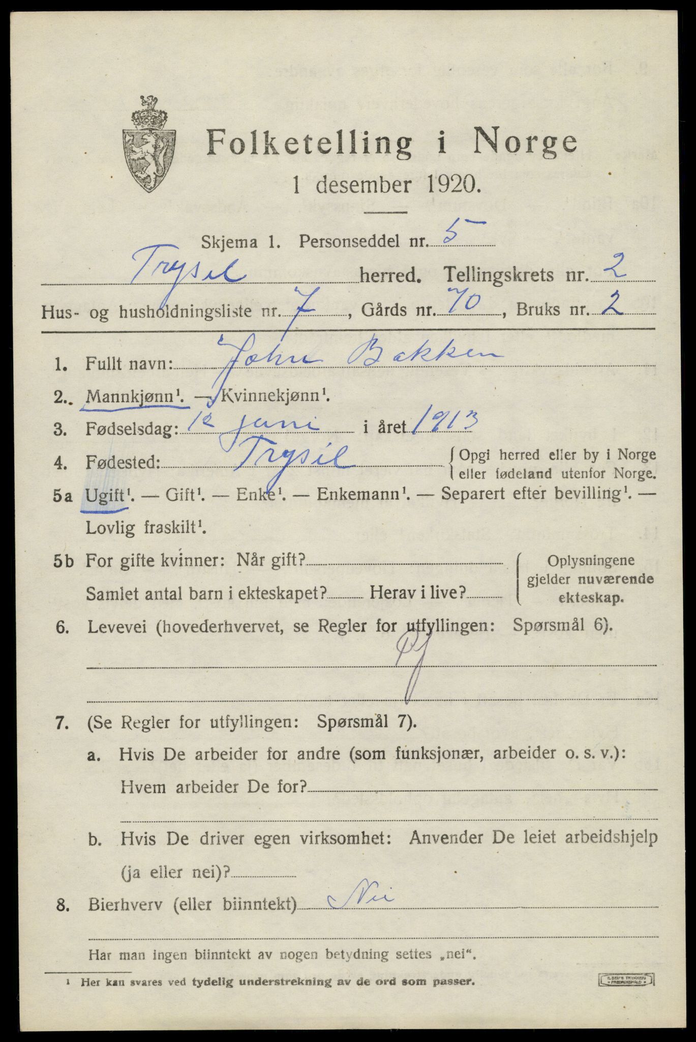 SAH, 1920 census for Trysil, 1920, p. 3161