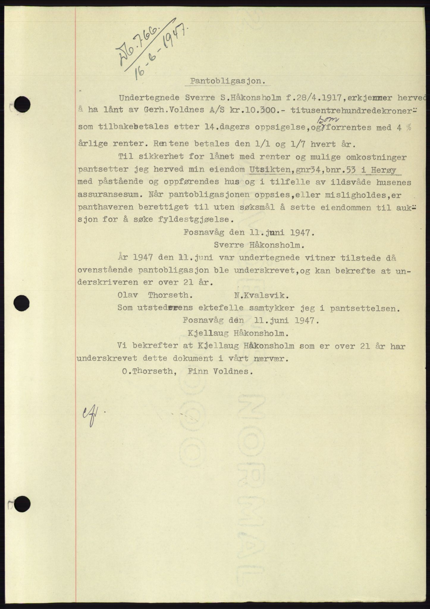 Søre Sunnmøre sorenskriveri, AV/SAT-A-4122/1/2/2C/L0115: Mortgage book no. 3B, 1947-1948, Diary no: : 766/1947