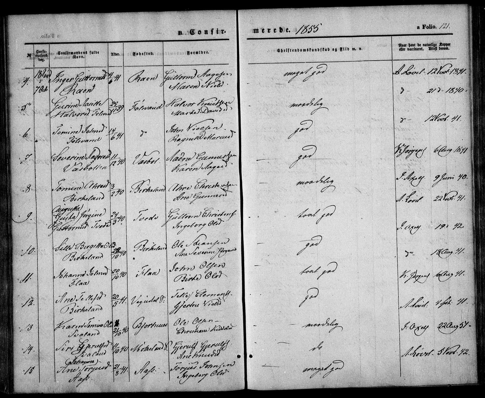 Birkenes sokneprestkontor, AV/SAK-1111-0004/F/Fa/L0003: Parish register (official) no. A 3, 1850-1866, p. 121