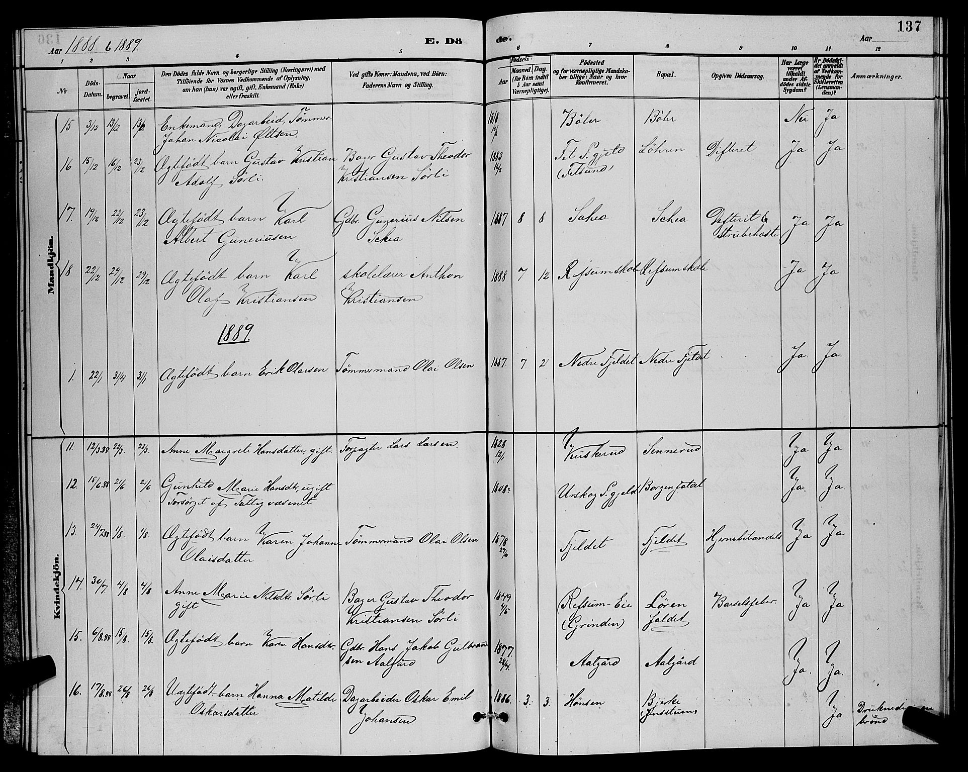 Sørum prestekontor Kirkebøker, SAO/A-10303/G/Ga/L0005: Parish register (copy) no. I 5.1, 1886-1894, p. 137