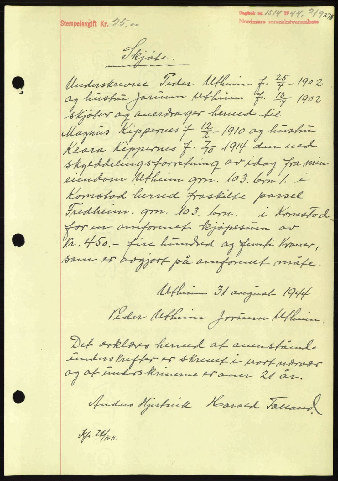 Nordmøre sorenskriveri, AV/SAT-A-4132/1/2/2Ca: Mortgage book no. A98, 1944-1944, Diary no: : 1514/1944