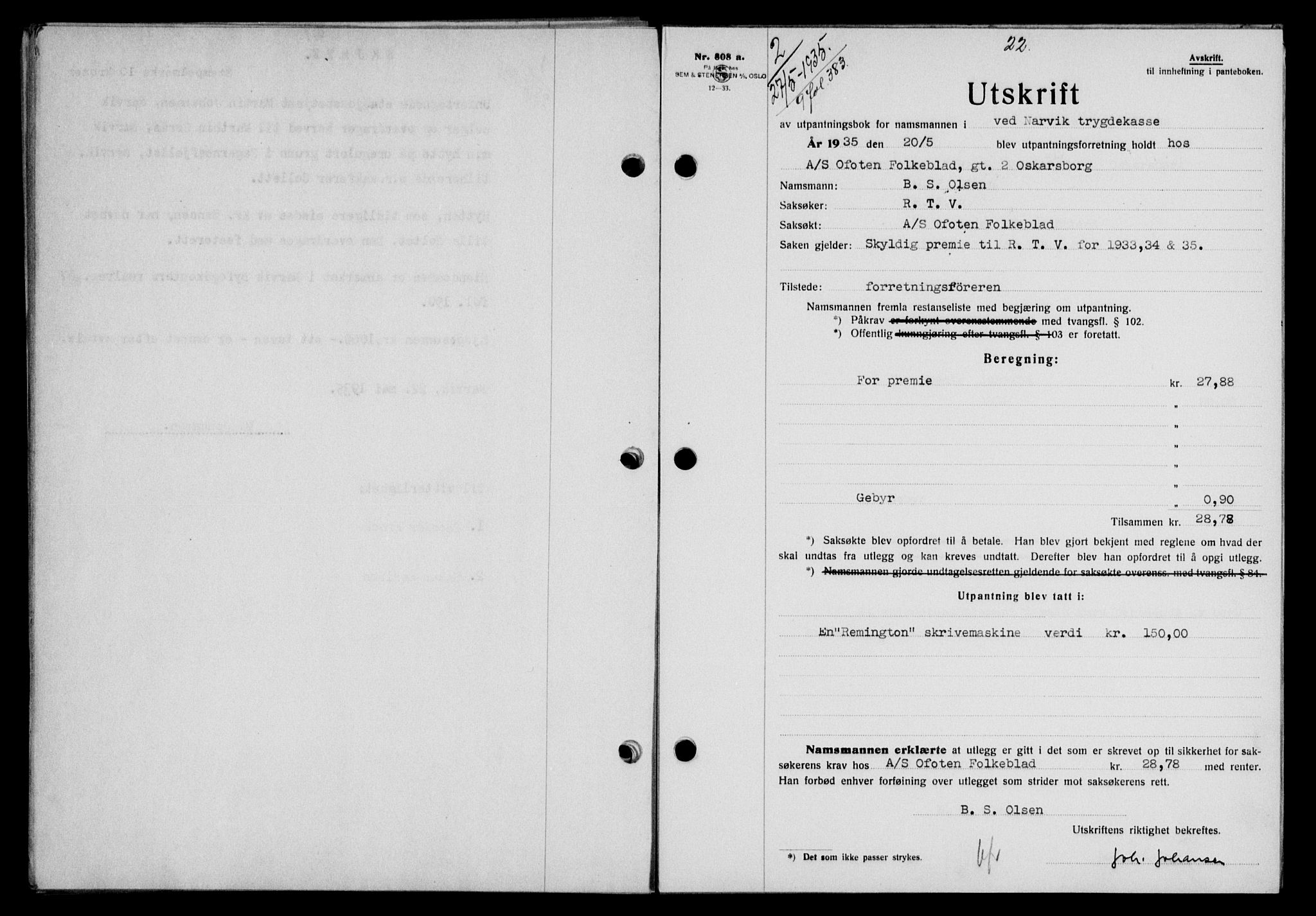 Narvik sorenskriveri, SAT/A-0002/1/2/2C/2Ca/L0011: Mortgage book no. 14, 1935-1937, Deed date: 27.05.1935