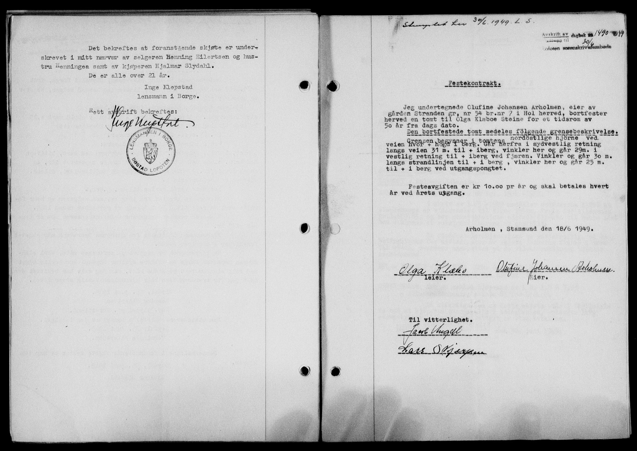 Lofoten sorenskriveri, SAT/A-0017/1/2/2C/L0021a: Mortgage book no. 21a, 1949-1949, Diary no: : 1490/1949