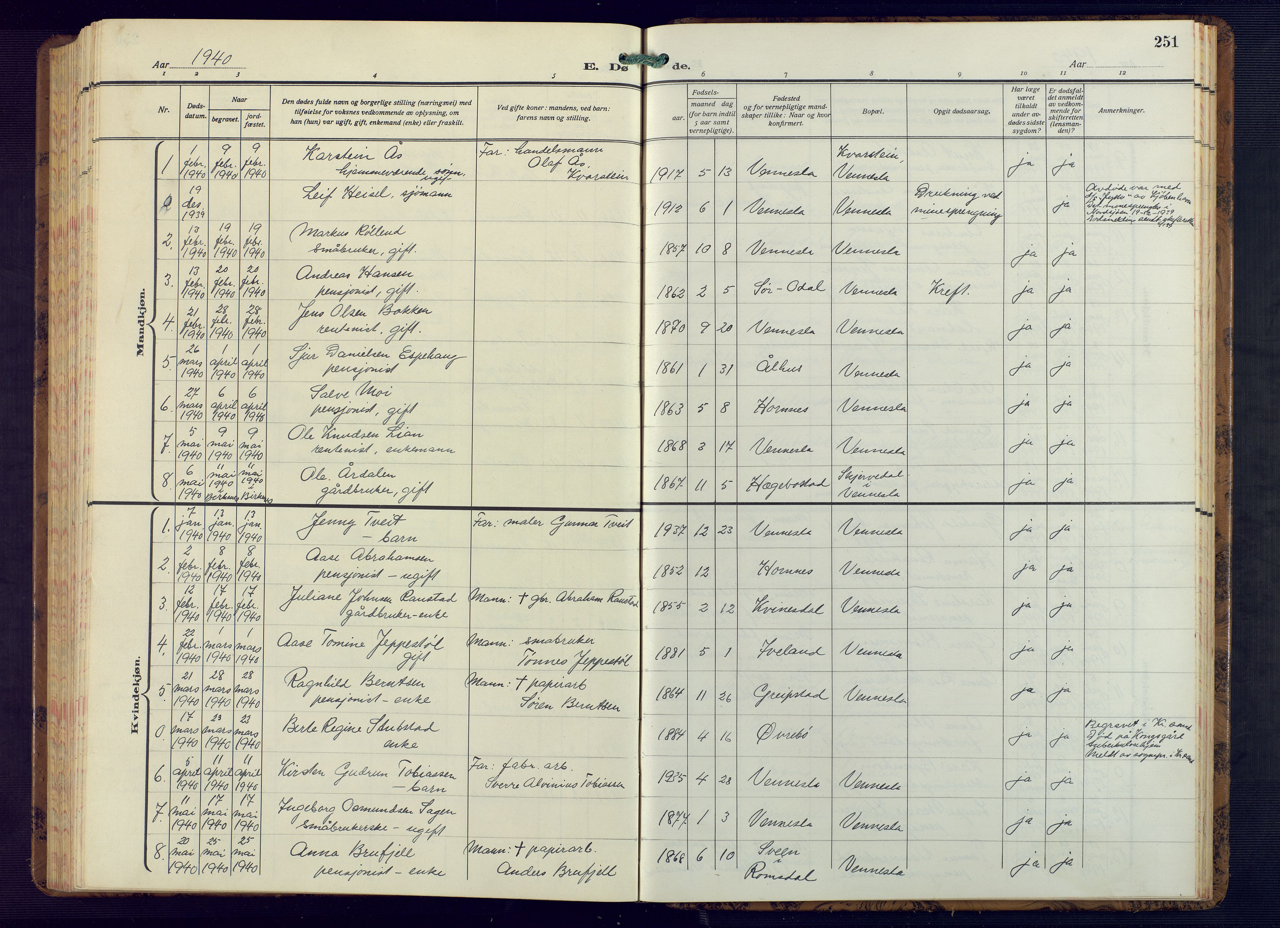 Vennesla sokneprestkontor, AV/SAK-1111-0045/Fb/Fbb/L0008: Parish register (copy) no. B 8, 1934-1947, p. 251