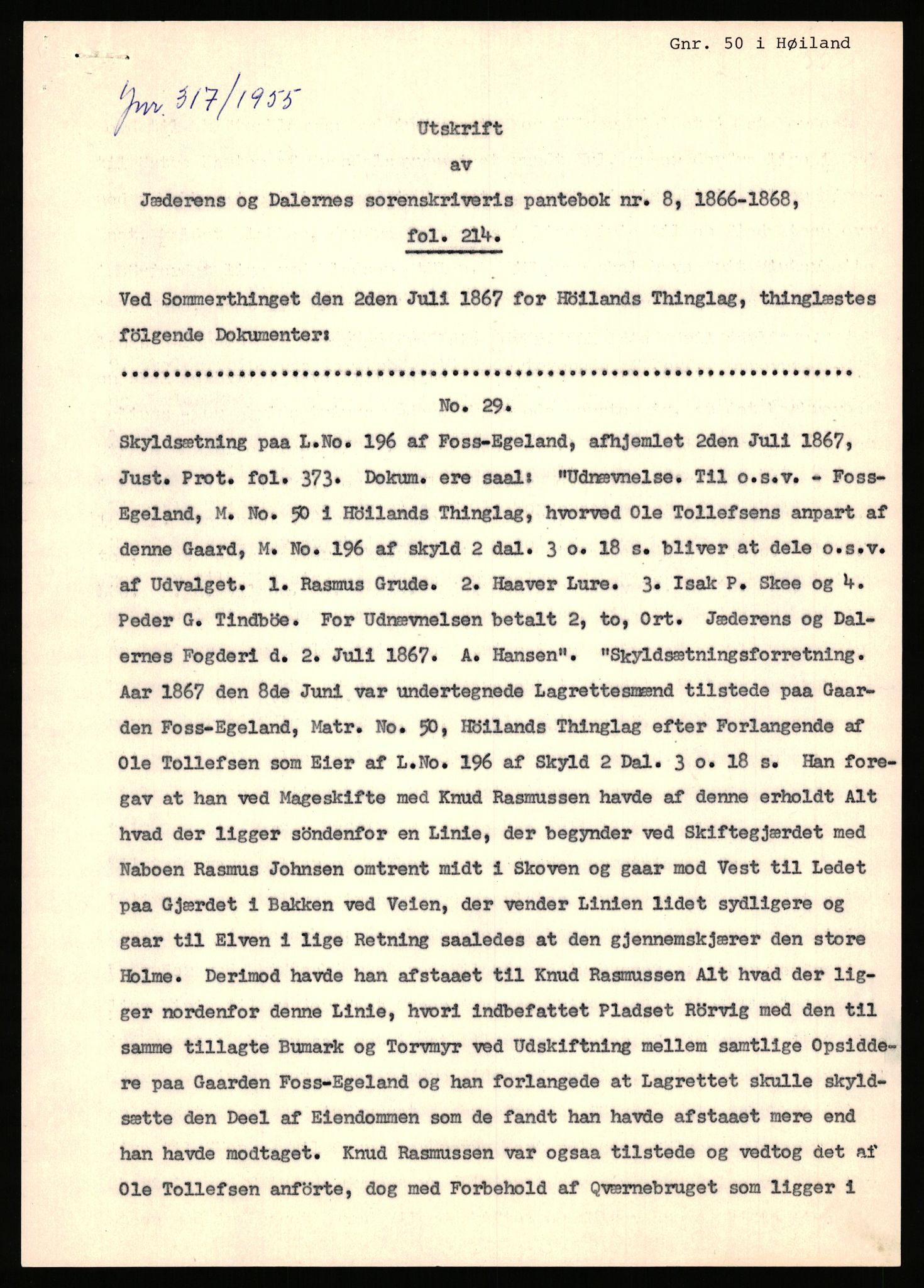 Statsarkivet i Stavanger, SAST/A-101971/03/Y/Yj/L0022: Avskrifter sortert etter gårdsnavn: Foss - Frøiland i Hetland, 1750-1930, p. 227