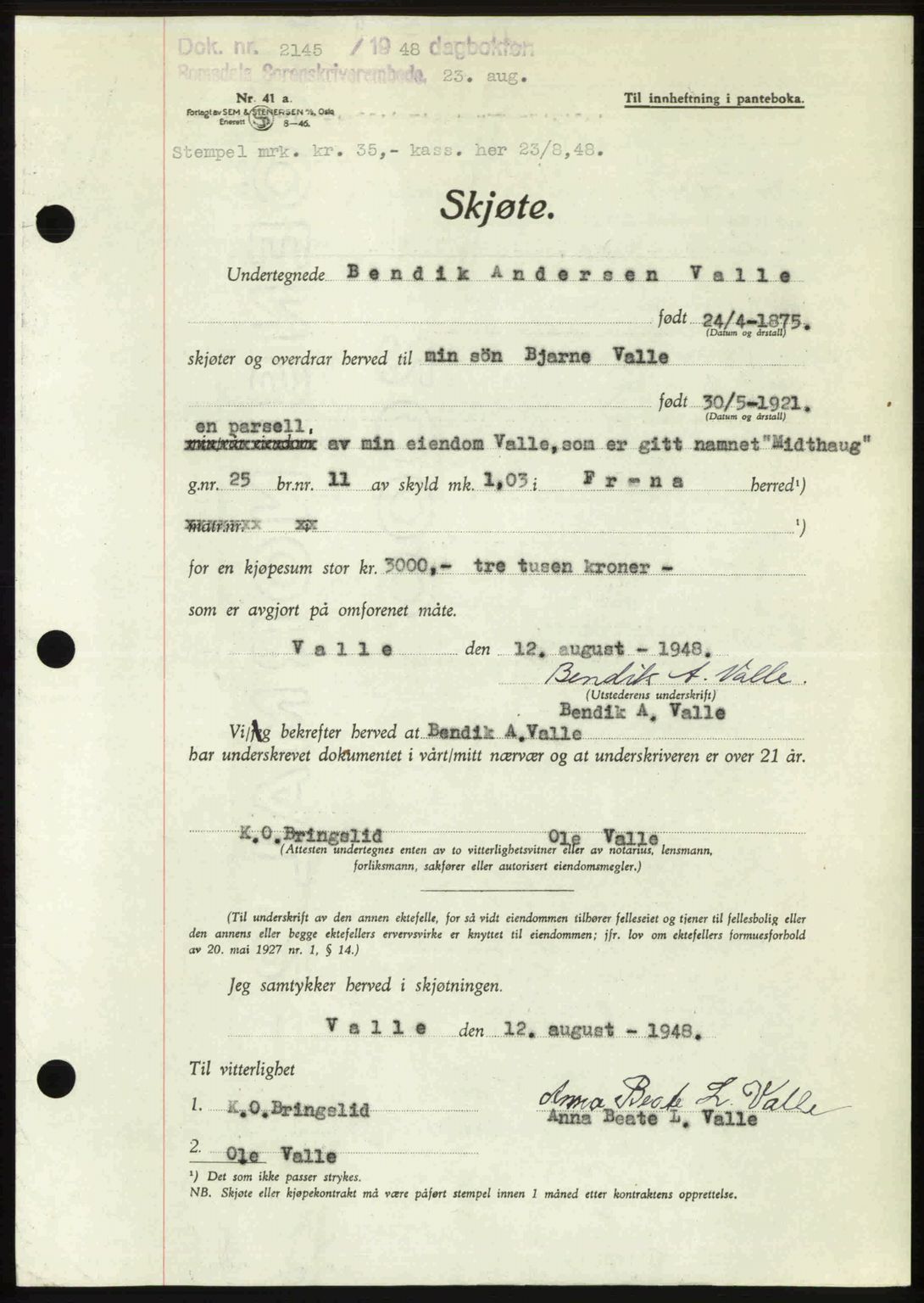 Romsdal sorenskriveri, AV/SAT-A-4149/1/2/2C: Mortgage book no. A27, 1948-1948, Diary no: : 2145/1948