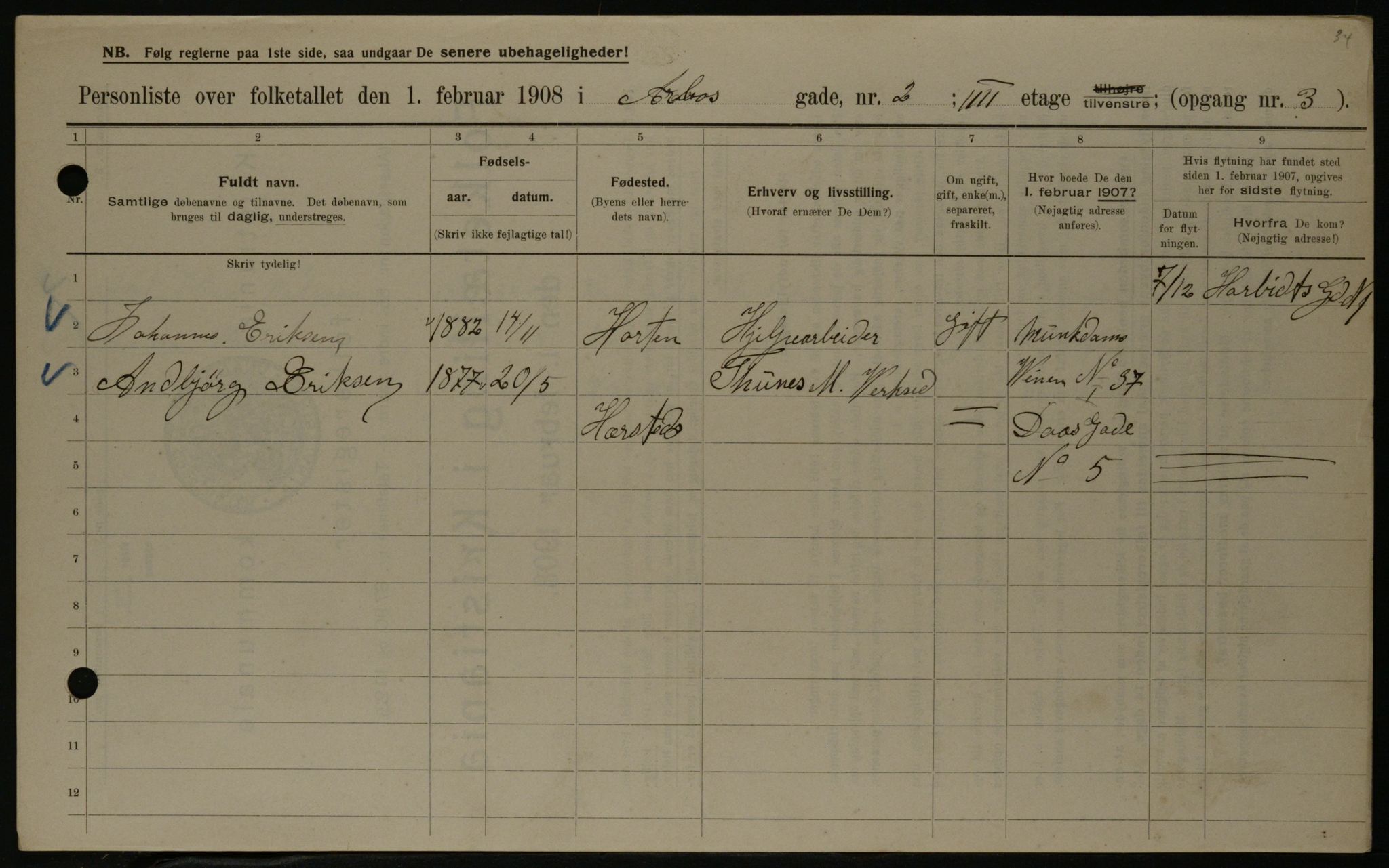 OBA, Municipal Census 1908 for Kristiania, 1908, p. 2012