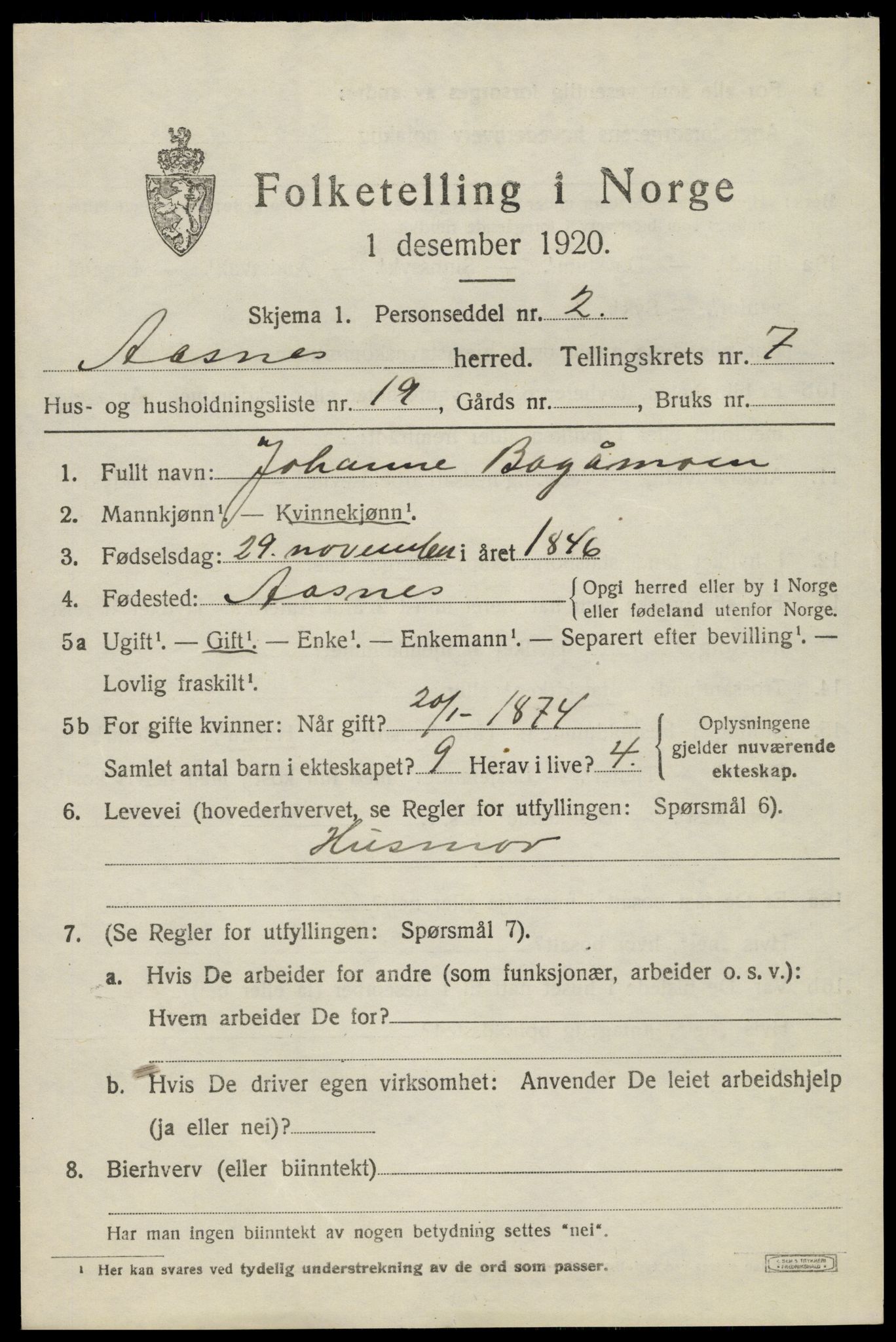 SAH, 1920 census for Åsnes, 1920, p. 8686