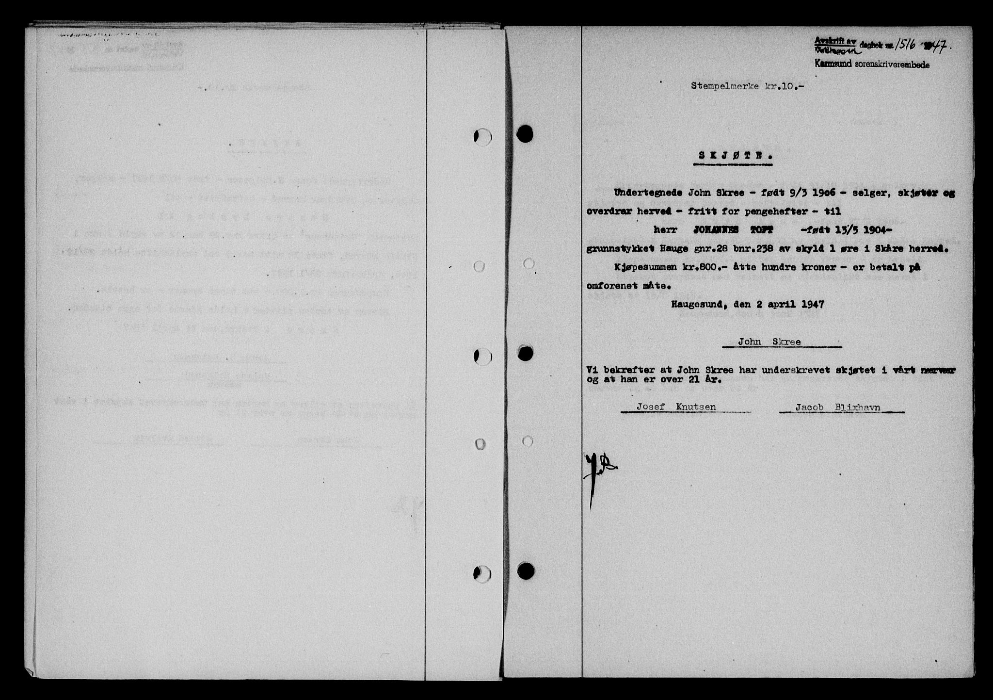 Karmsund sorenskriveri, SAST/A-100311/01/II/IIB/L0090: Mortgage book no. 70A, 1947-1947, Diary no: : 1516/1947