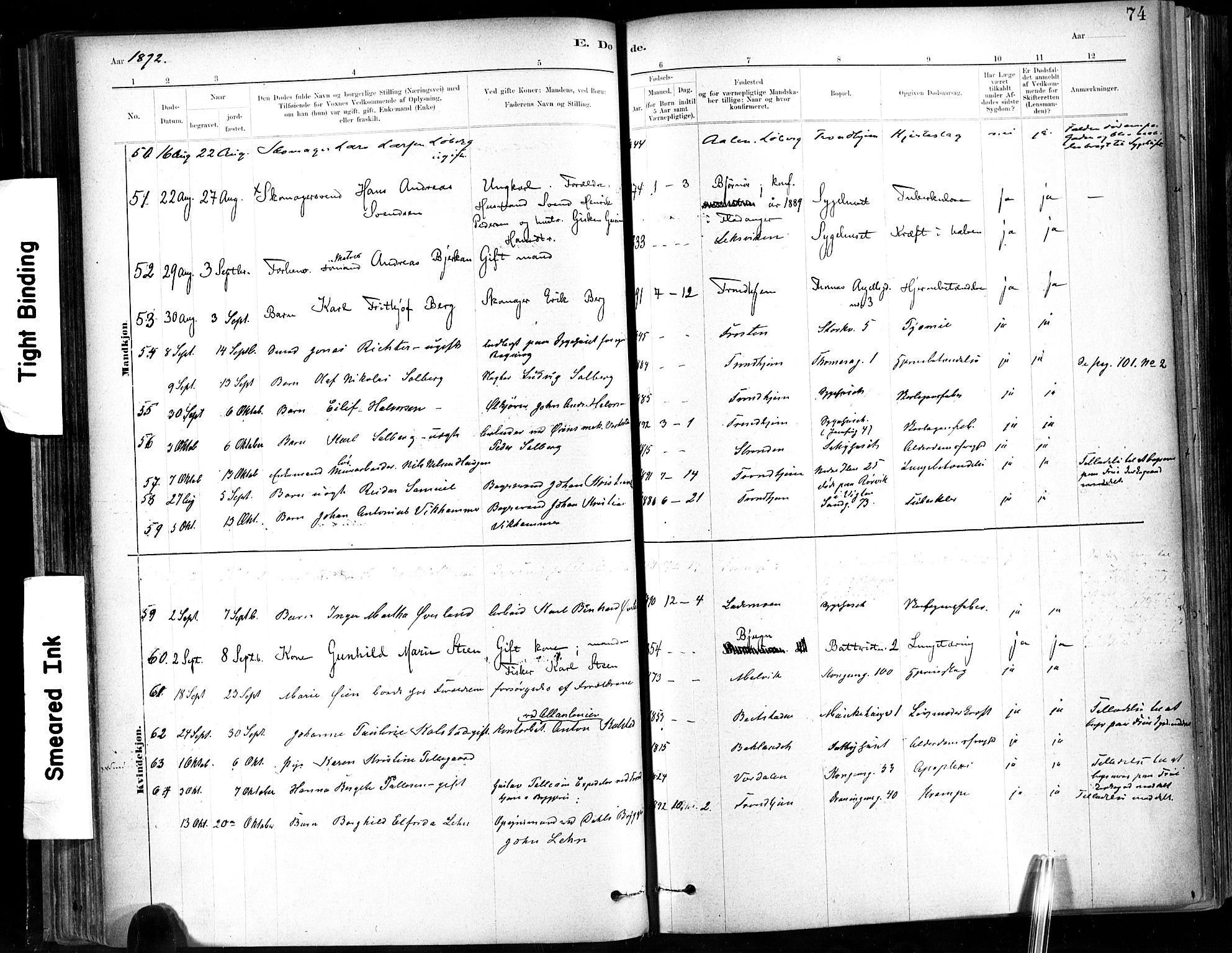 Ministerialprotokoller, klokkerbøker og fødselsregistre - Sør-Trøndelag, AV/SAT-A-1456/602/L0120: Parish register (official) no. 602A18, 1880-1913, p. 74