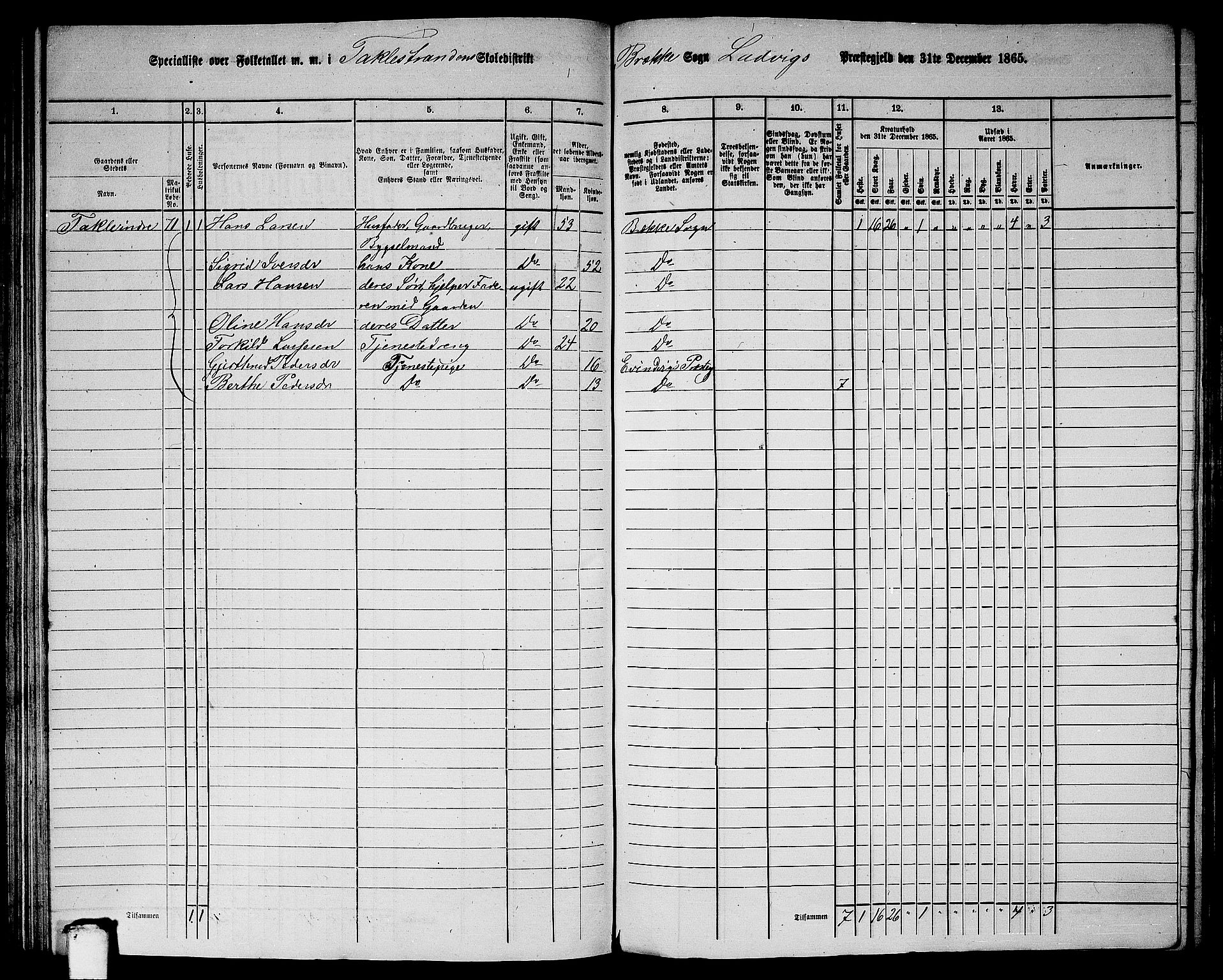 RA, 1865 census for Lavik, 1865, p. 116