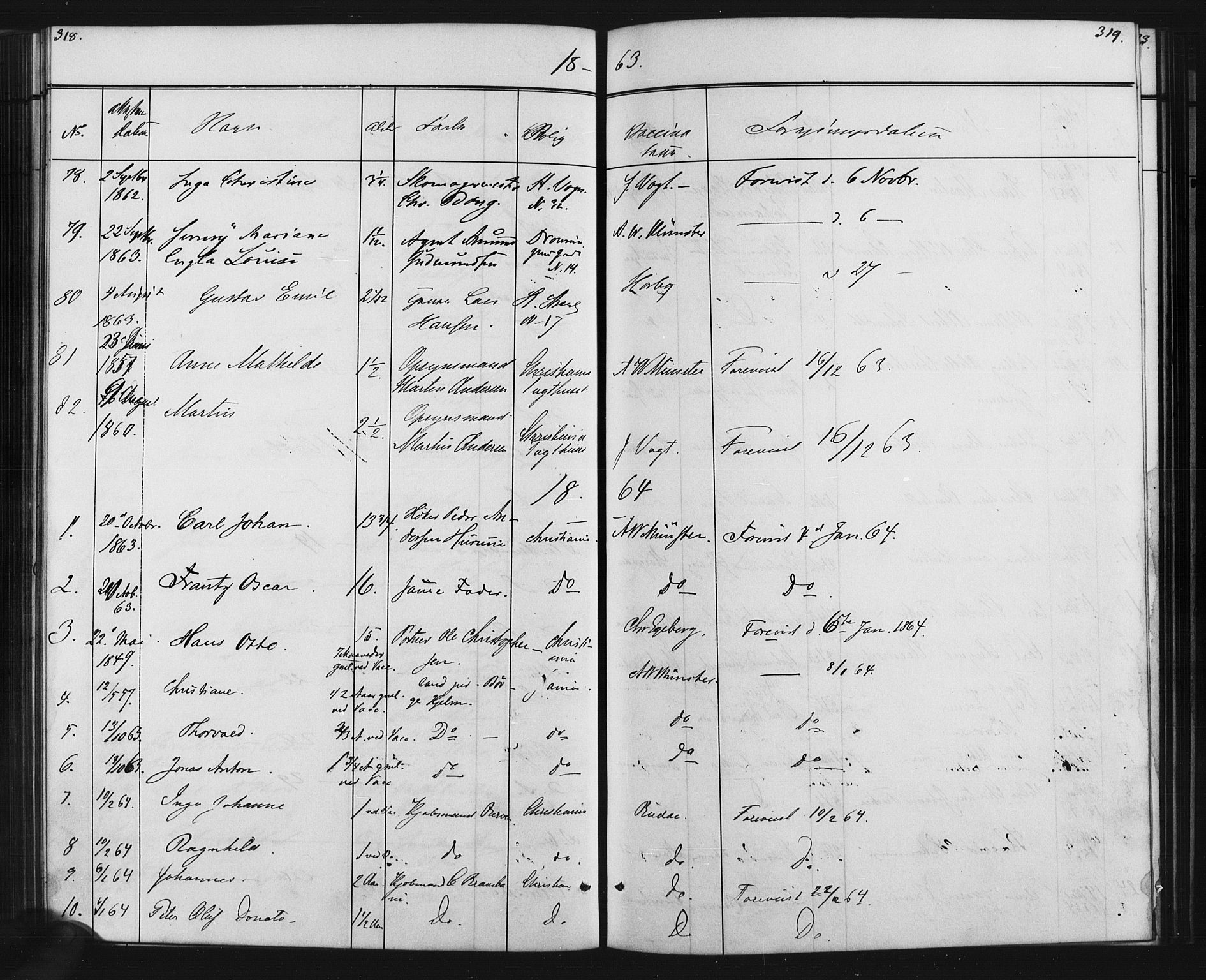 Oslo domkirke Kirkebøker, SAO/A-10752/L/Lb/L0001: Vaccination register no. 1, 1843-1868, p. 318-319
