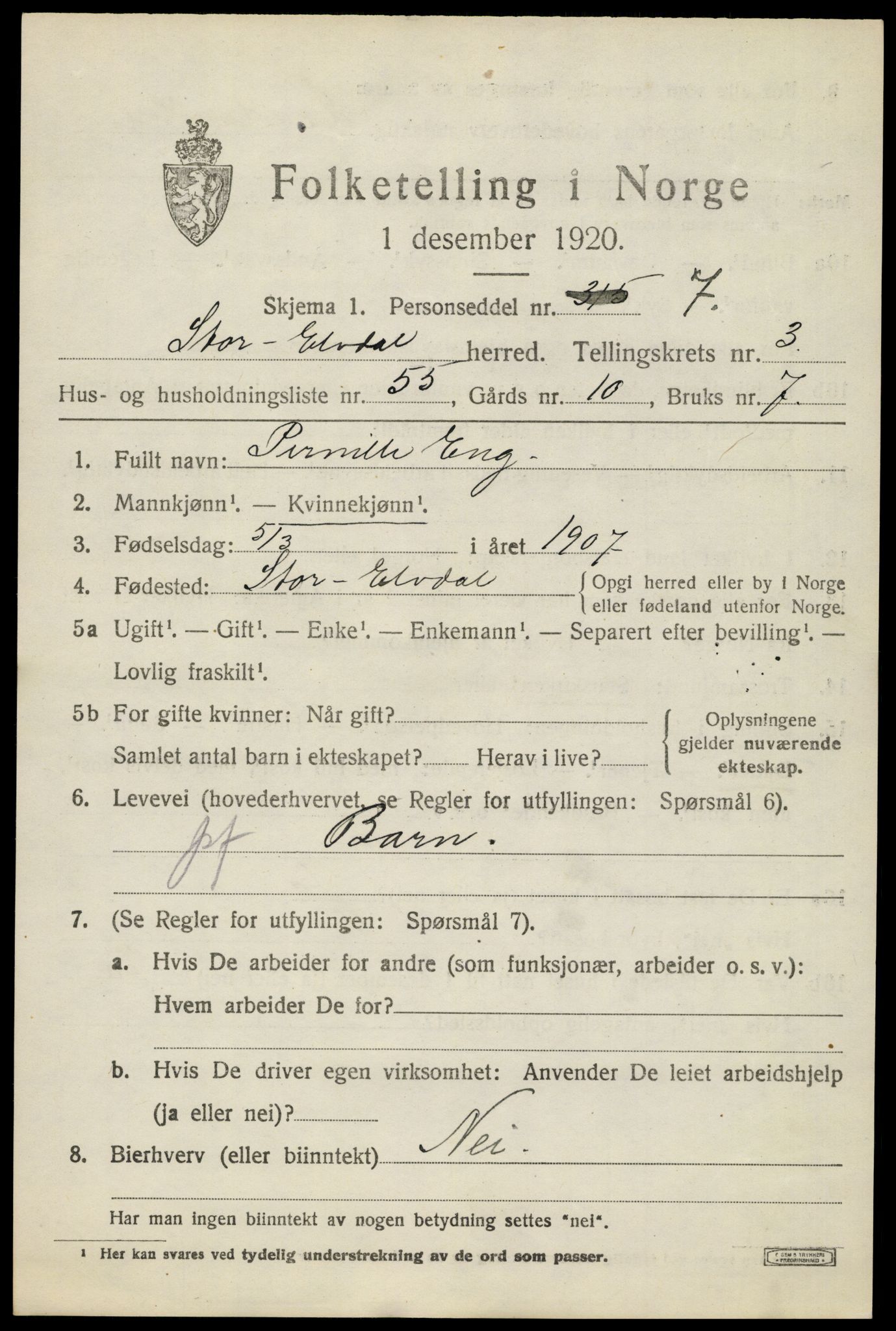 SAH, 1920 census for Stor-Elvdal, 1920, p. 3412