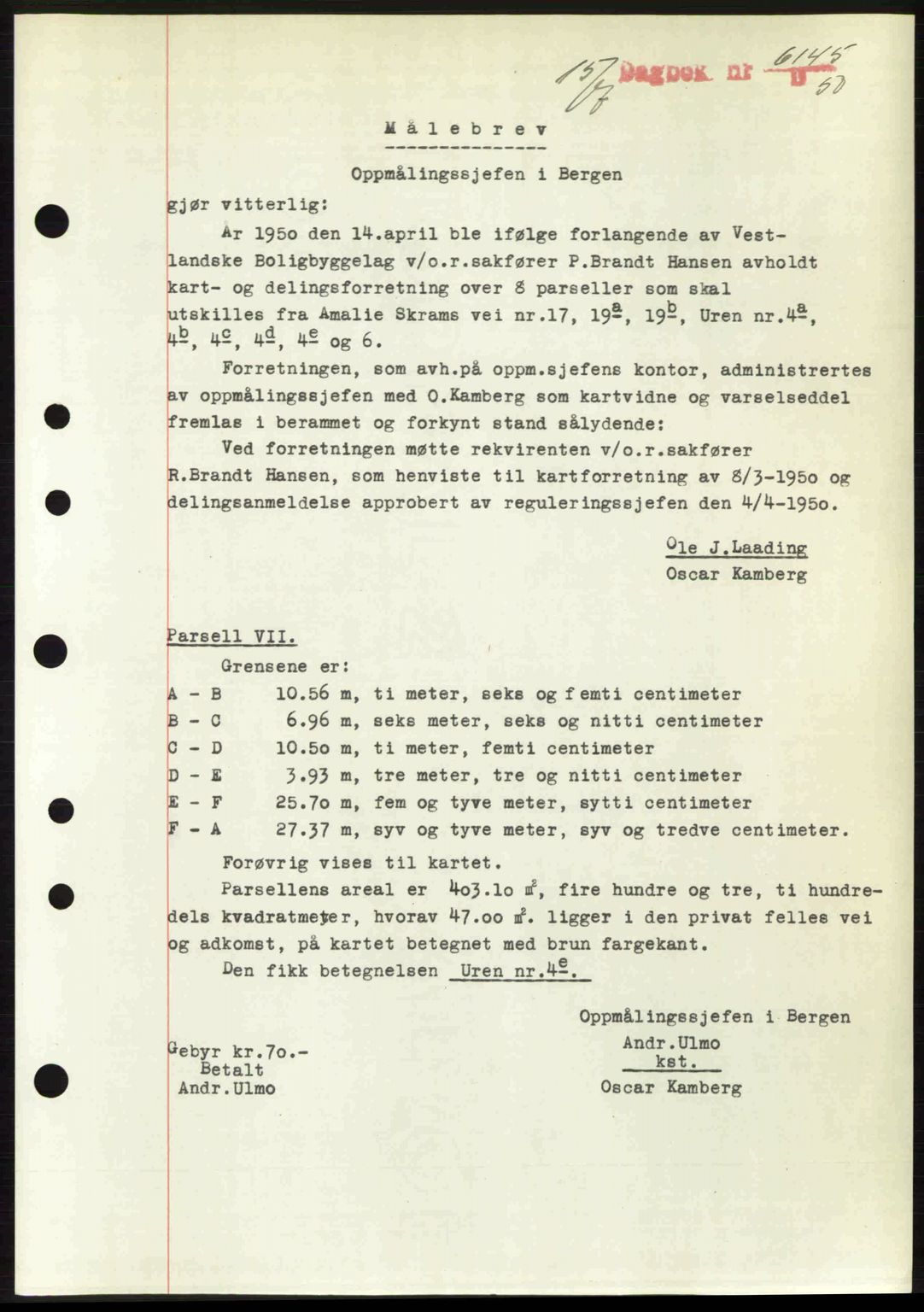 Byfogd og Byskriver i Bergen, AV/SAB-A-3401/03/03Bc/L0033: Mortgage book no. A26-27, 1950-1950, Diary no: : 6145/1950