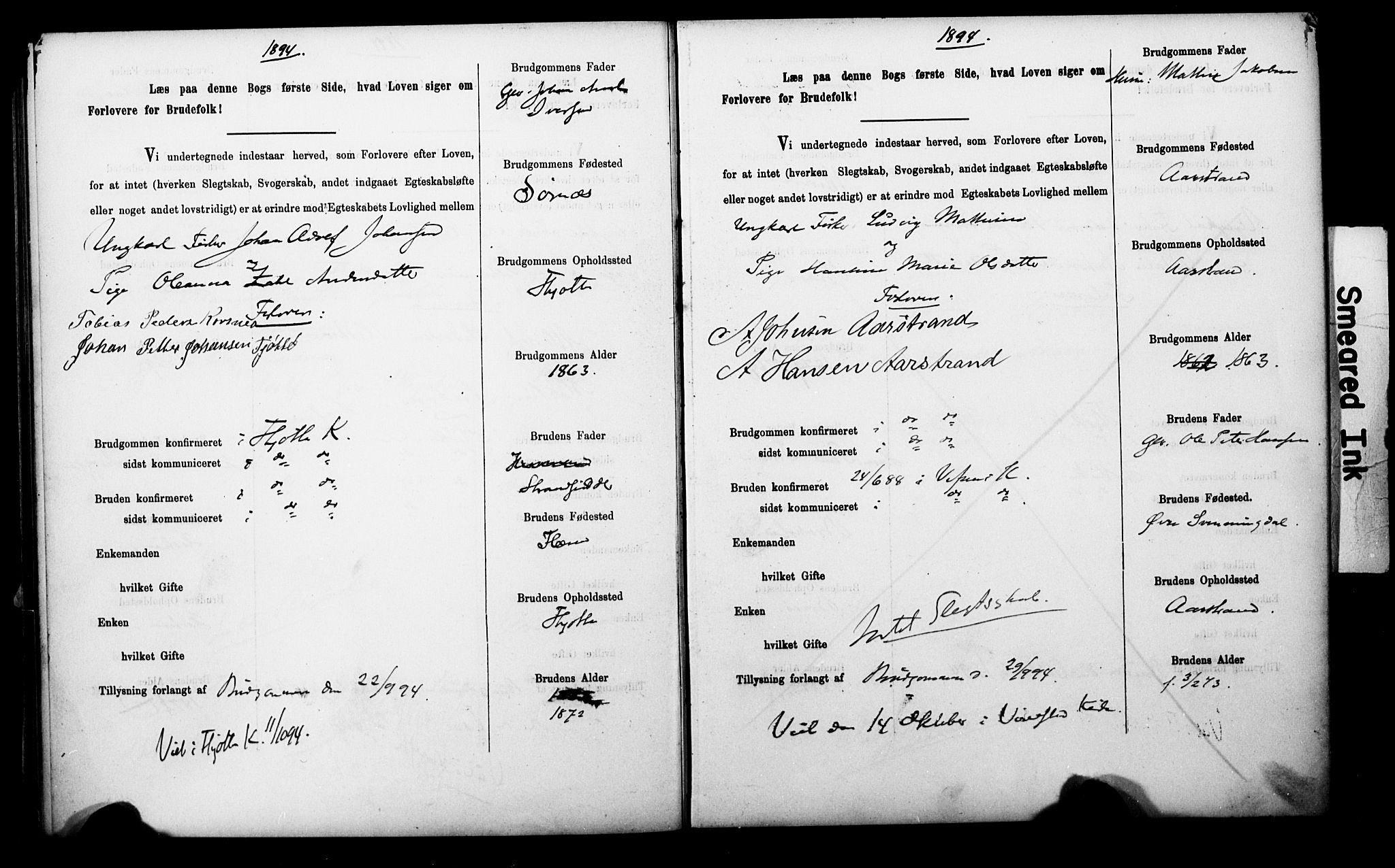 Uten arkivreferanse**, SAT/-: Banns register no. 1 /2 (Trøgstad), 1891-1895