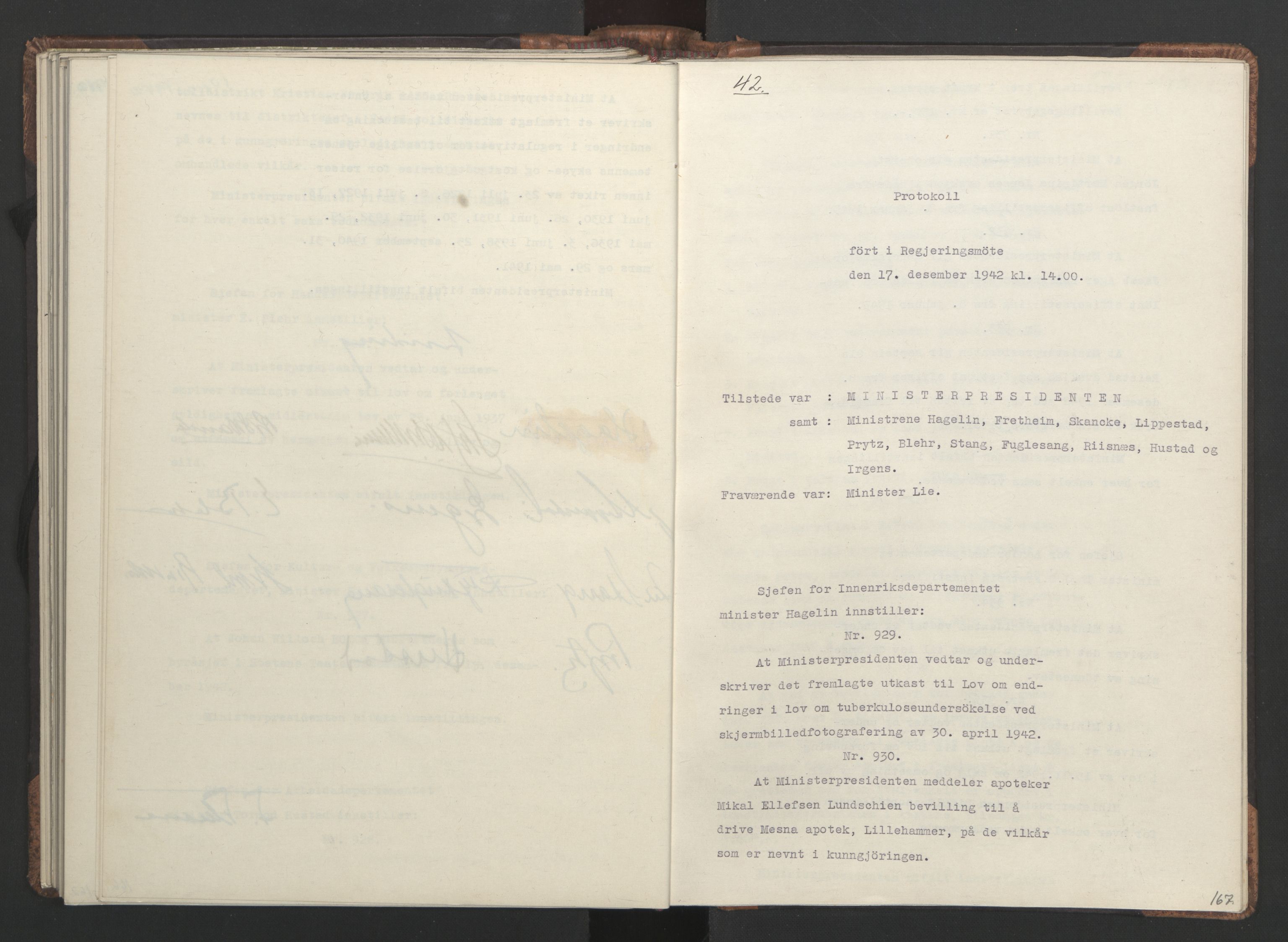 NS-administrasjonen 1940-1945 (Statsrådsekretariatet, de kommisariske statsråder mm), AV/RA-S-4279/D/Da/L0001: Beslutninger og tillegg (1-952 og 1-32), 1942, p. 170