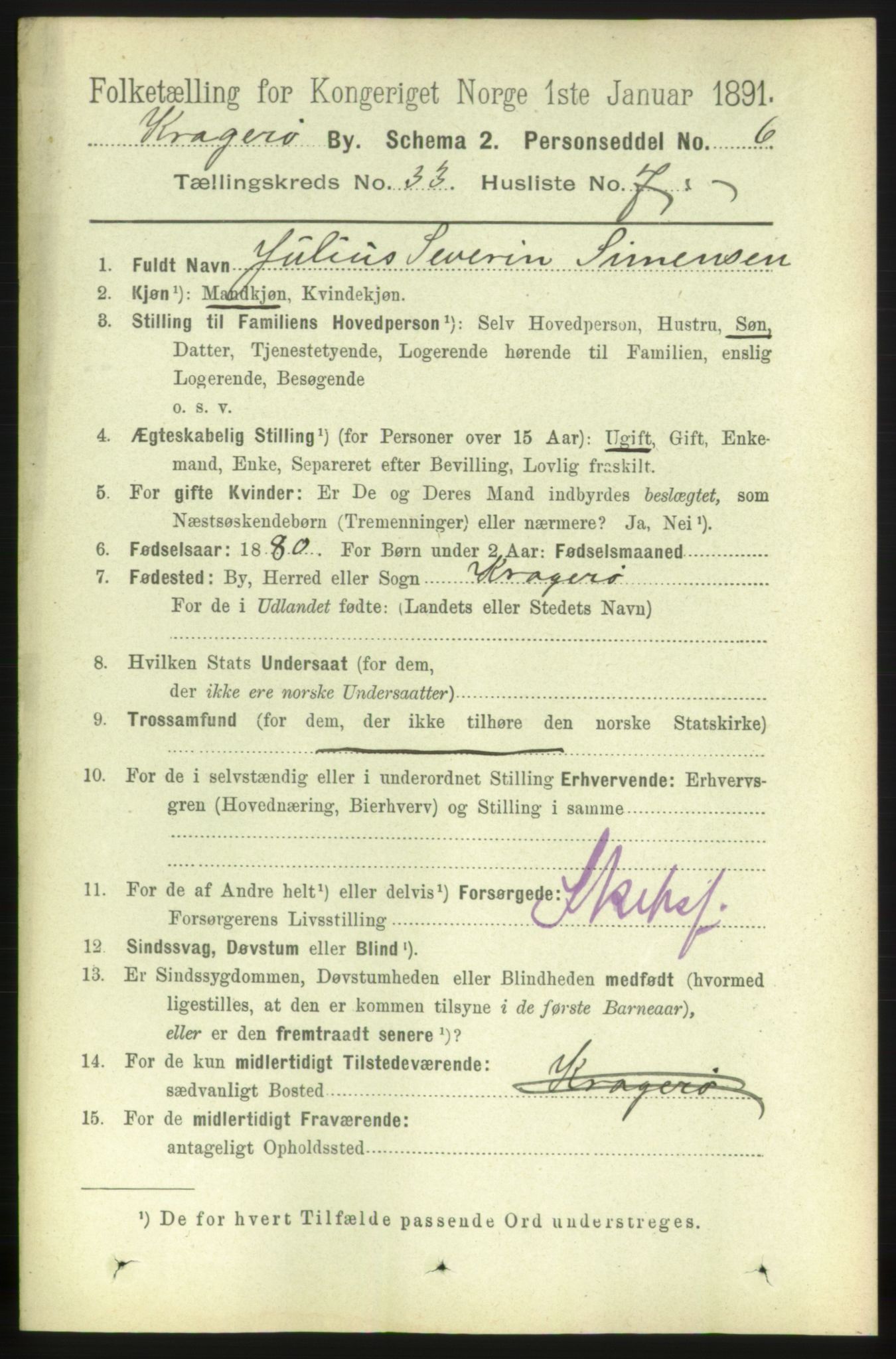 RA, 1891 census for 0801 Kragerø, 1891, p. 5996