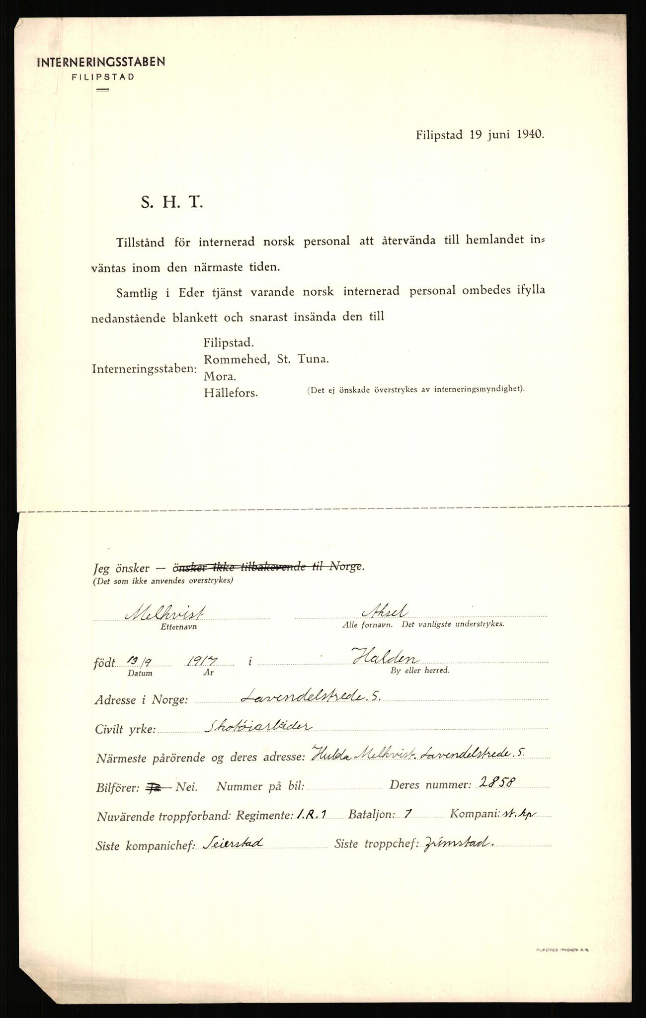 Forsvaret, Forsvarets krigshistoriske avdeling, AV/RA-RAFA-2017/Y/Yf/L0204: II-C-11-2110 - Norske internert i Sverige 1940 / Tysk frigivelse av norsk soldat, 1940, p. 386