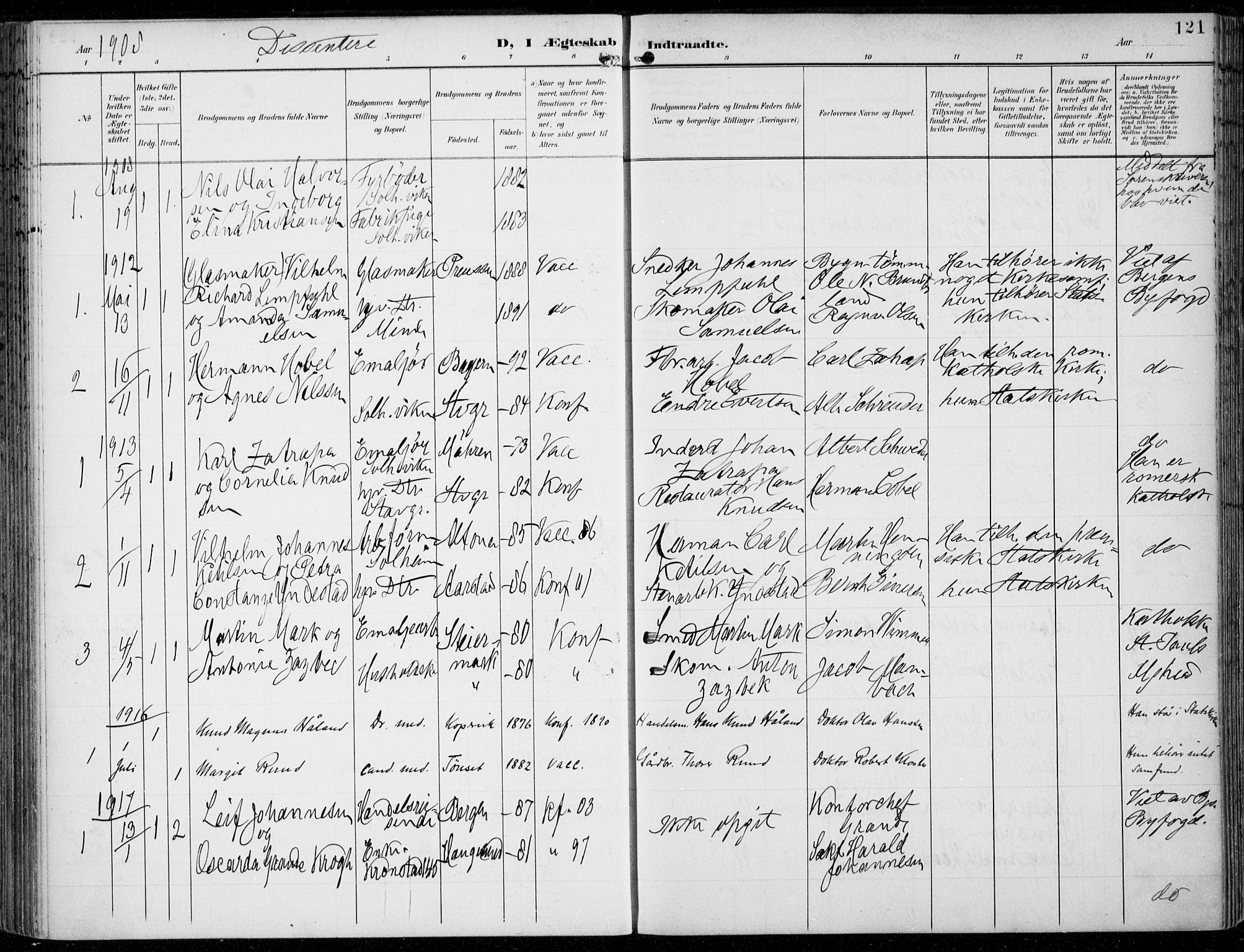 Årstad Sokneprestembete, SAB/A-79301/H/Haa/L0009: Parish register (official) no. C 1, 1902-1918, p. 121