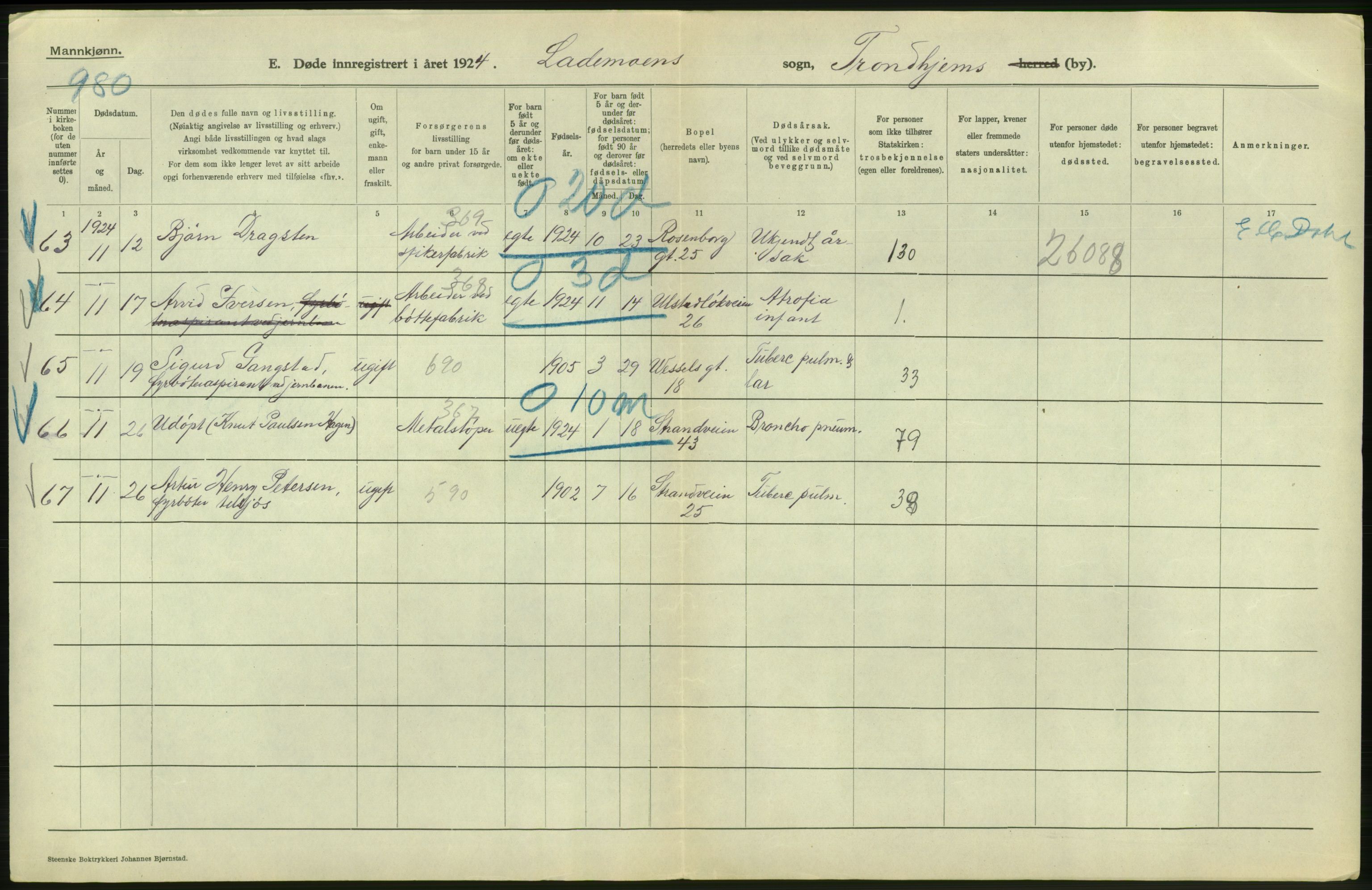 Statistisk sentralbyrå, Sosiodemografiske emner, Befolkning, AV/RA-S-2228/D/Df/Dfc/Dfcd/L0037: Trondheim: Levendefødte menn og kvinner, gifte, døde, dødfødte., 1924, p. 734