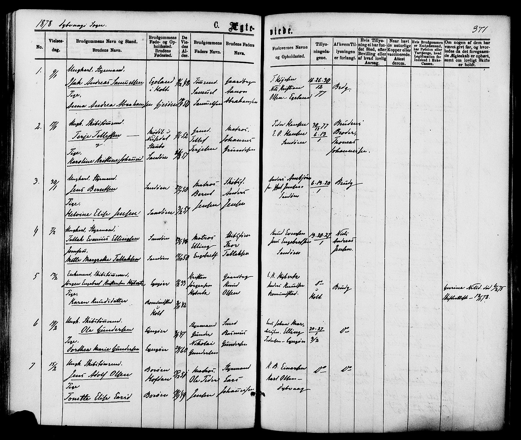 Dypvåg sokneprestkontor, AV/SAK-1111-0007/F/Fa/Faa/L0007: Parish register (official) no. A 7/ 1, 1872-1884, p. 371